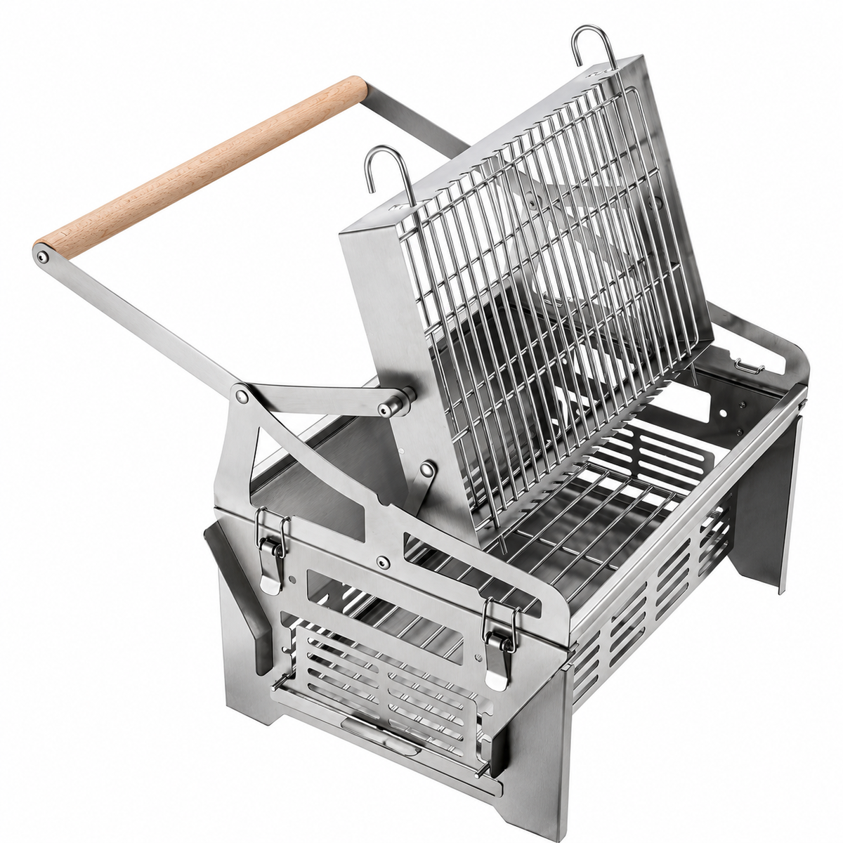Foldable Portable Flip BBQ Grill and Fire Pit, 304 Stainless Steel Outdoor Camping Picnic Garden Barbecue Stove with Wooden Handle and Storage Bag (Silver)