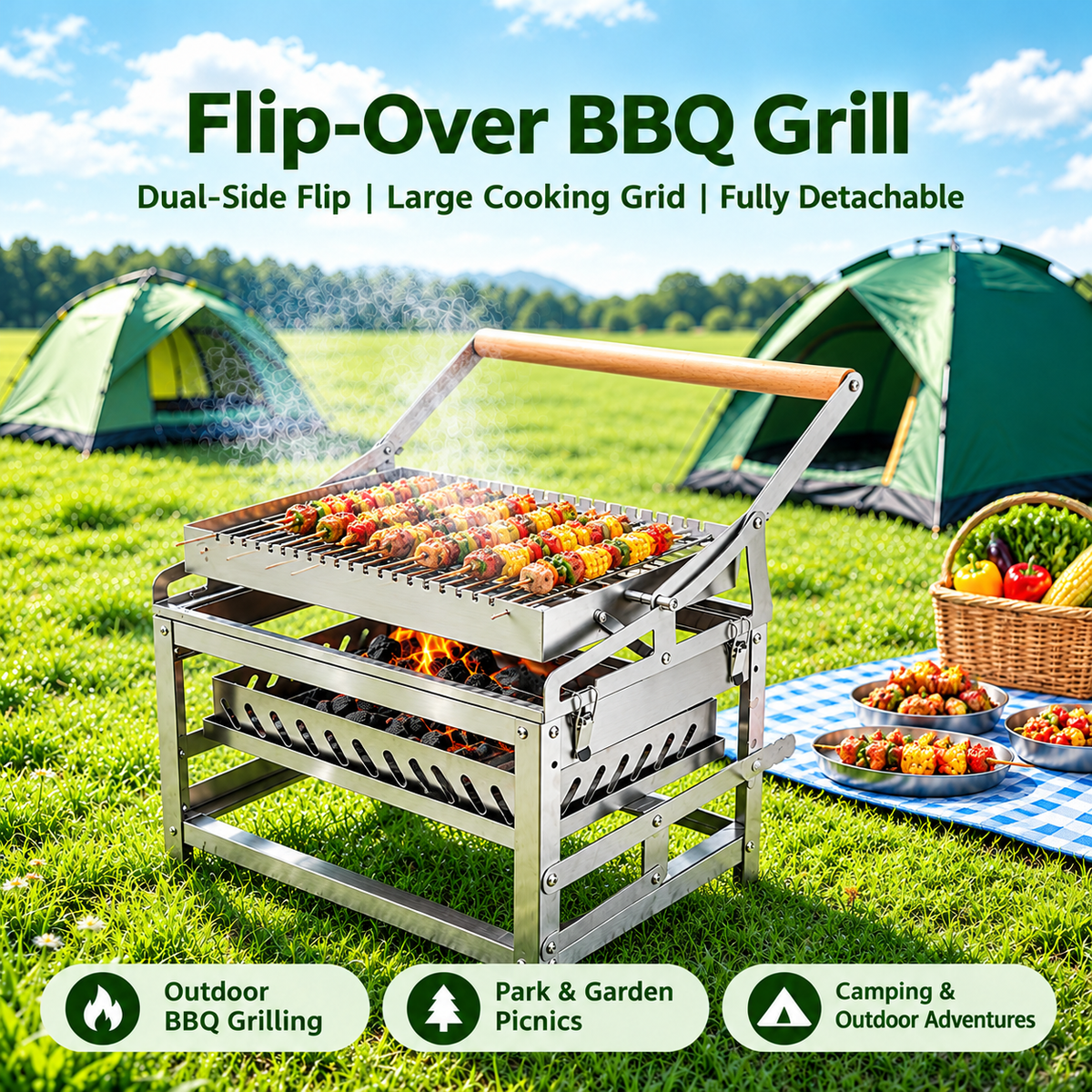 Portable Double-Sided Flip Charcoal Grill with 304 Stainless Steel Body and Wooden Handles for Outdoor Camping Picnics Park Parties and Garden Barbecues (A)