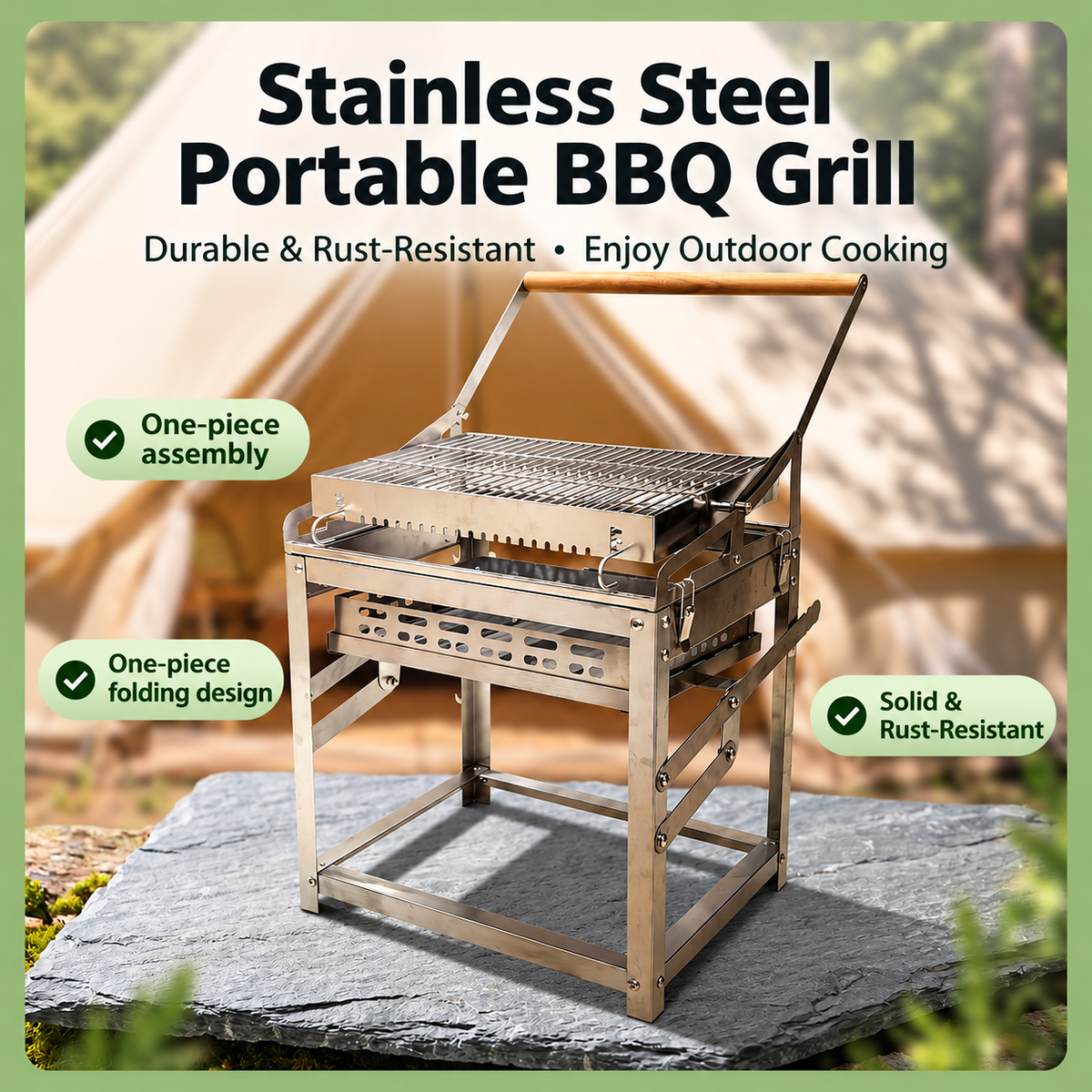Portable Double-Sided Flip Charcoal Grill with 304 Stainless Steel Body and Wooden Handles for Outdoor Camping Picnics Park Parties and Garden Barbecues (A)