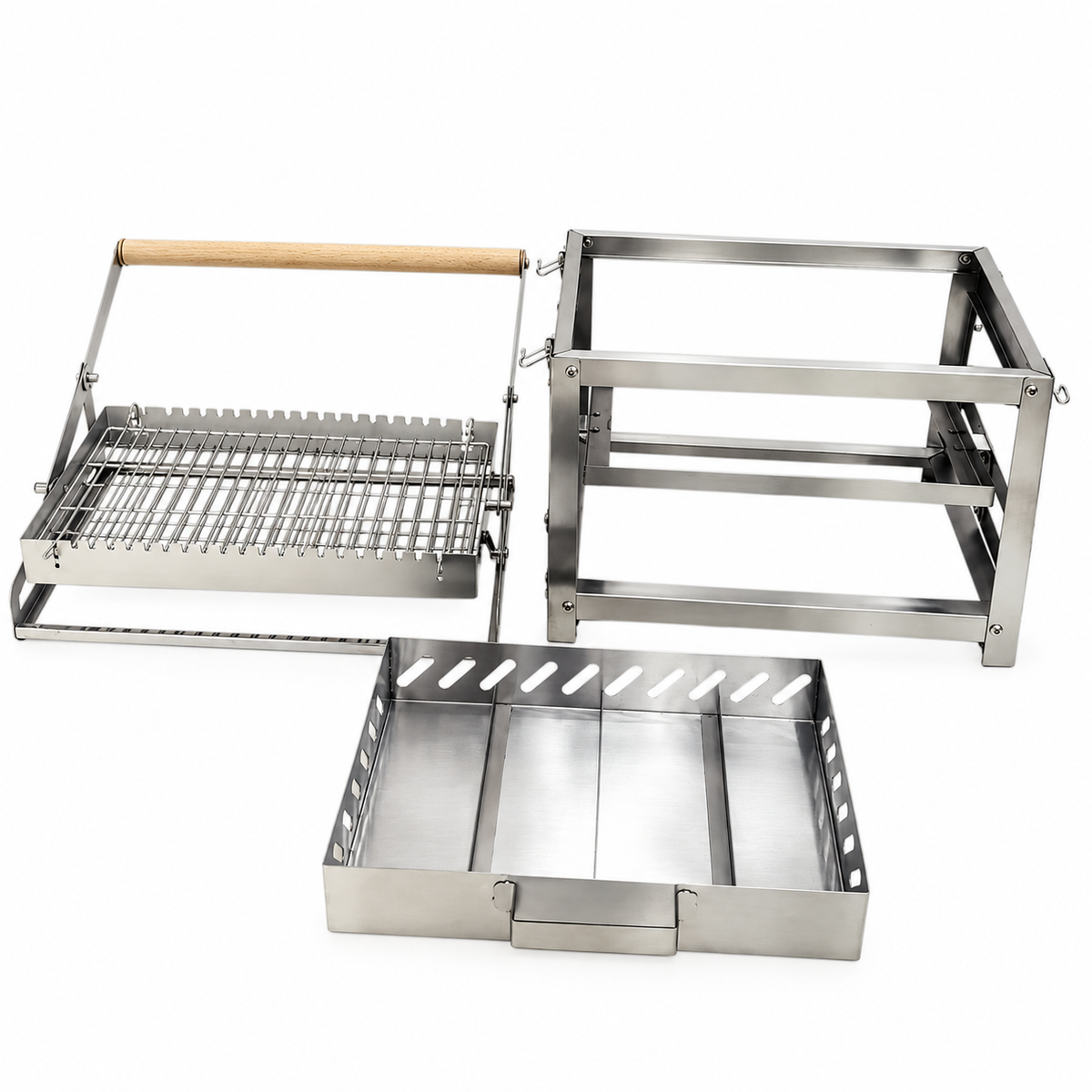 Portable Double-Sided Flip Charcoal Grill with 304 Stainless Steel Body and Wooden Handles for Outdoor Camping Picnics Park Parties and Garden Barbecues (A)