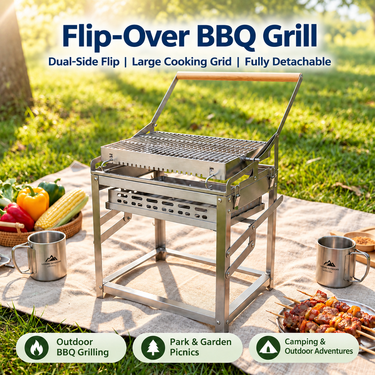 Portable Double-Sided Flip Charcoal Grill with 304 Stainless Steel Body and Wooden Handles for Outdoor Camping Picnics Park Parties and Garden Barbecues (B)