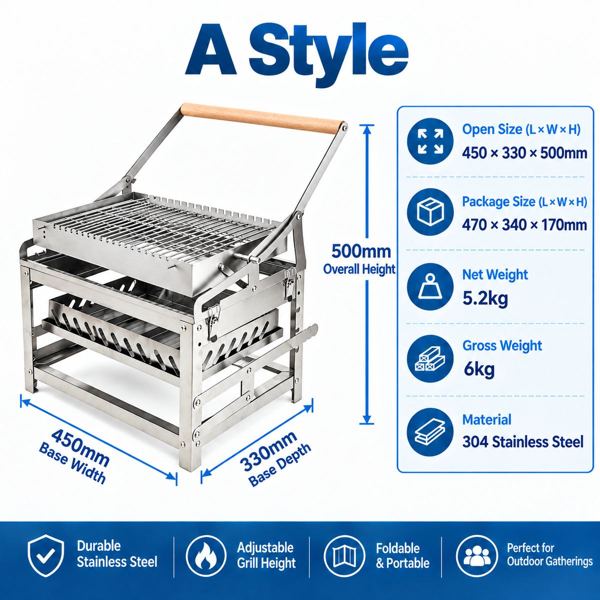 Portable Double-Sided Flip Charcoal Grill with 304 Stainless Steel Body and Wooden Handles for Outdoor Camping Picnics Park Parties and Garden Barbecues (B)