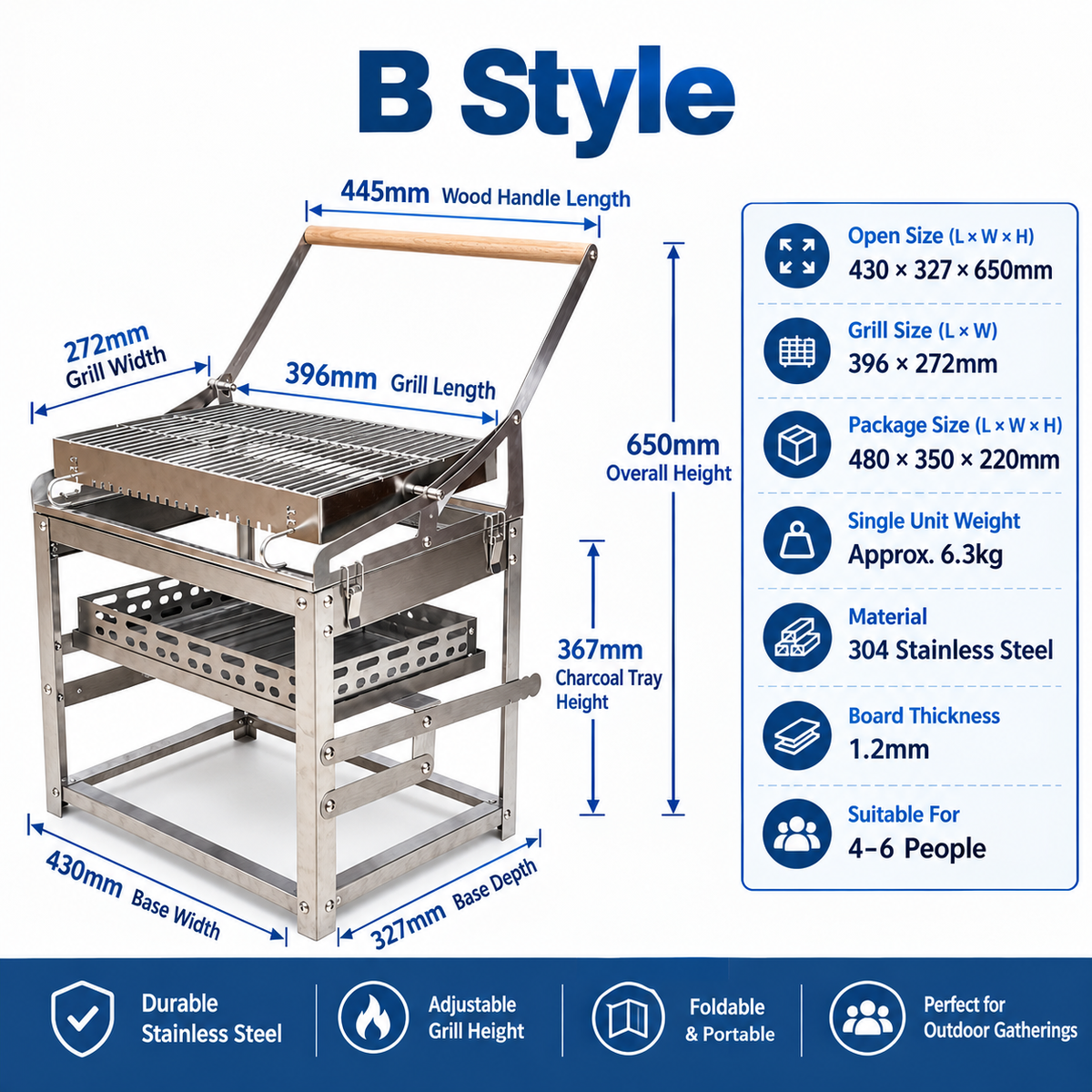 Portable Double-Sided Flip Charcoal Grill with 304 Stainless Steel Body and Wooden Handles for Outdoor Camping Picnics Park Parties and Garden Barbecues (B)