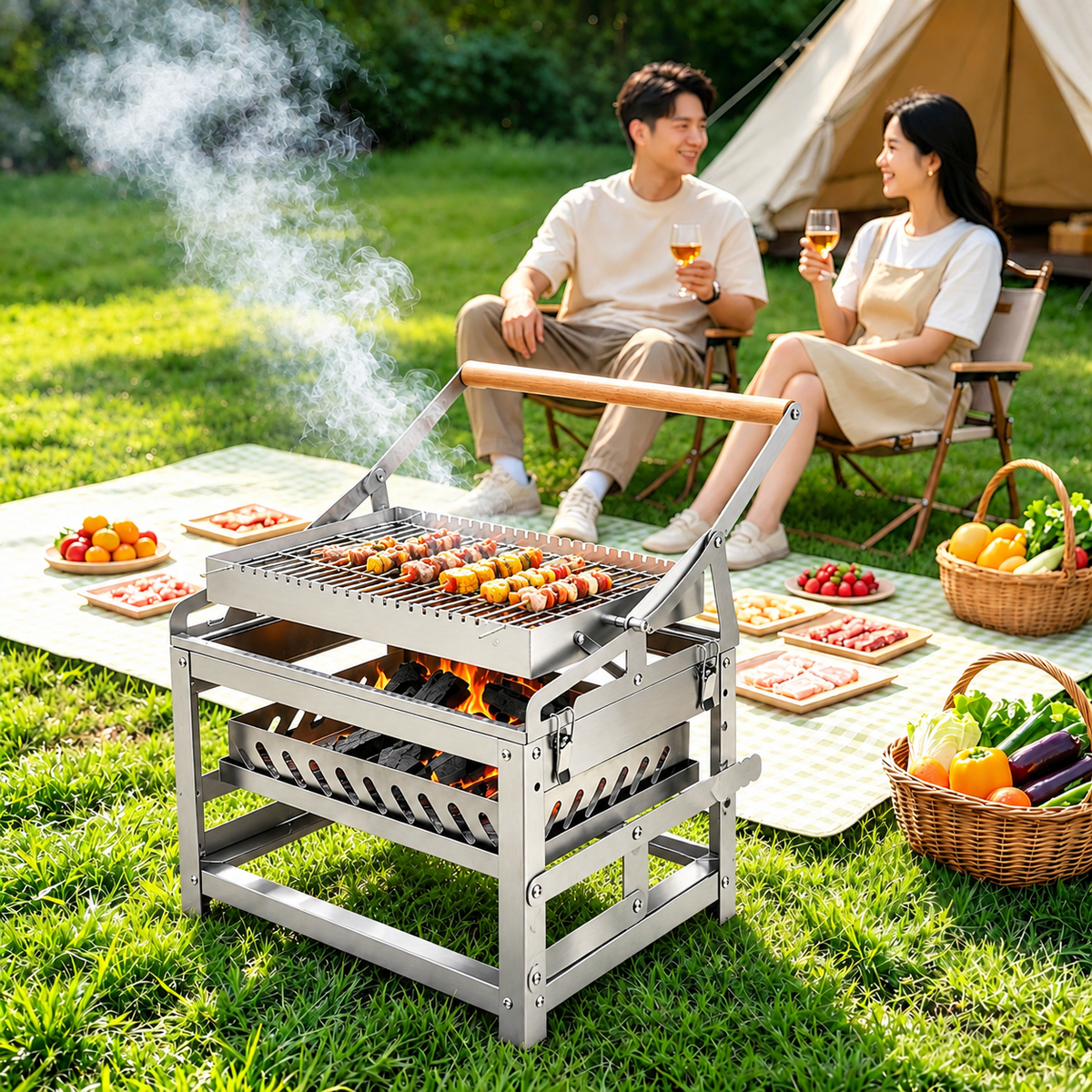Portable Double-Sided Flip Charcoal Grill with 304 Stainless Steel Body and Wooden Handles for Outdoor Camping Picnics Park Parties and Garden Barbecues (B)