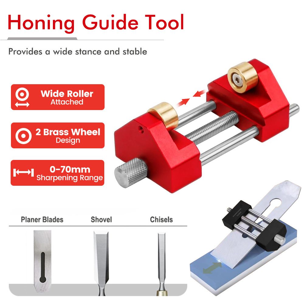 Adjustable Honing Guide Tool Set for Woodworking Chisels and Plane Blades with Rolling Base Angle Setting Plate and Multi-Angle Gauge for Sharpening Precision (Red)