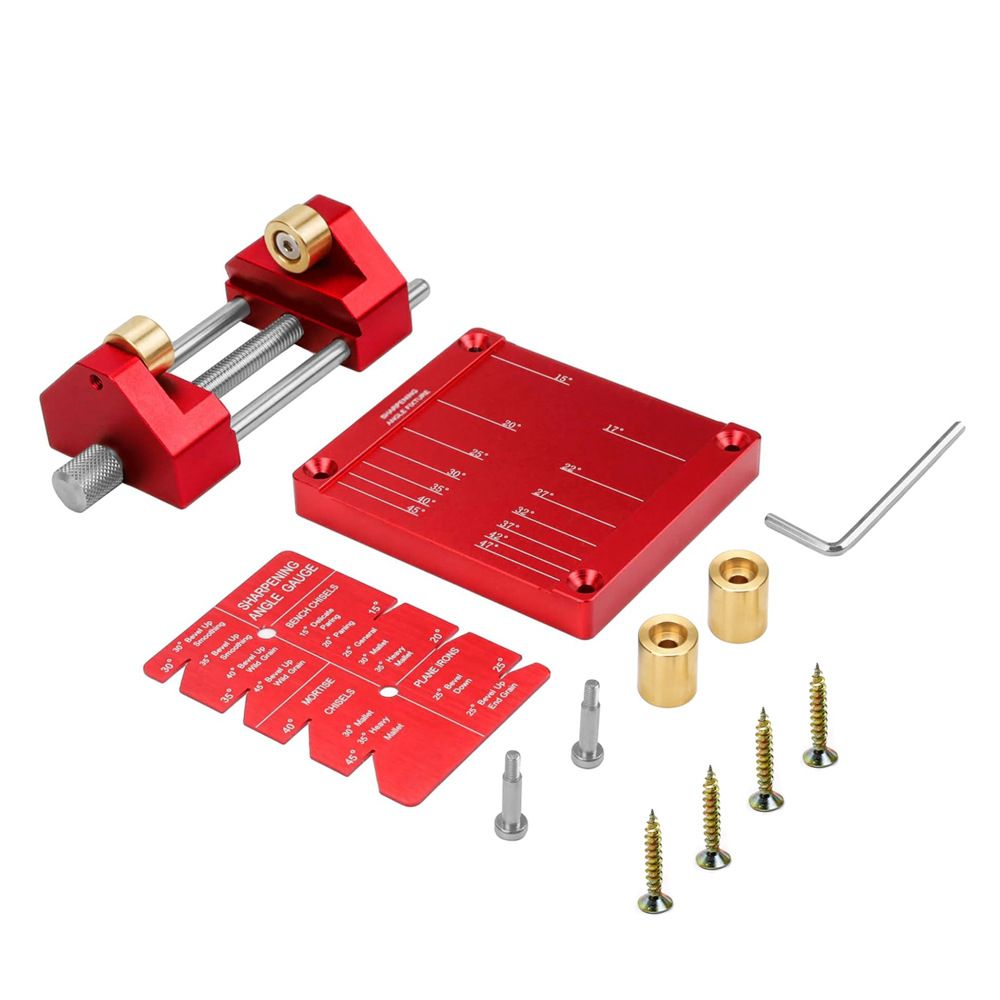 Adjustable Honing Guide Tool Set for Woodworking Chisels and Plane Blades with Rolling Base Angle Setting Plate and Multi-Angle Gauge for Sharpening Precision (Red)