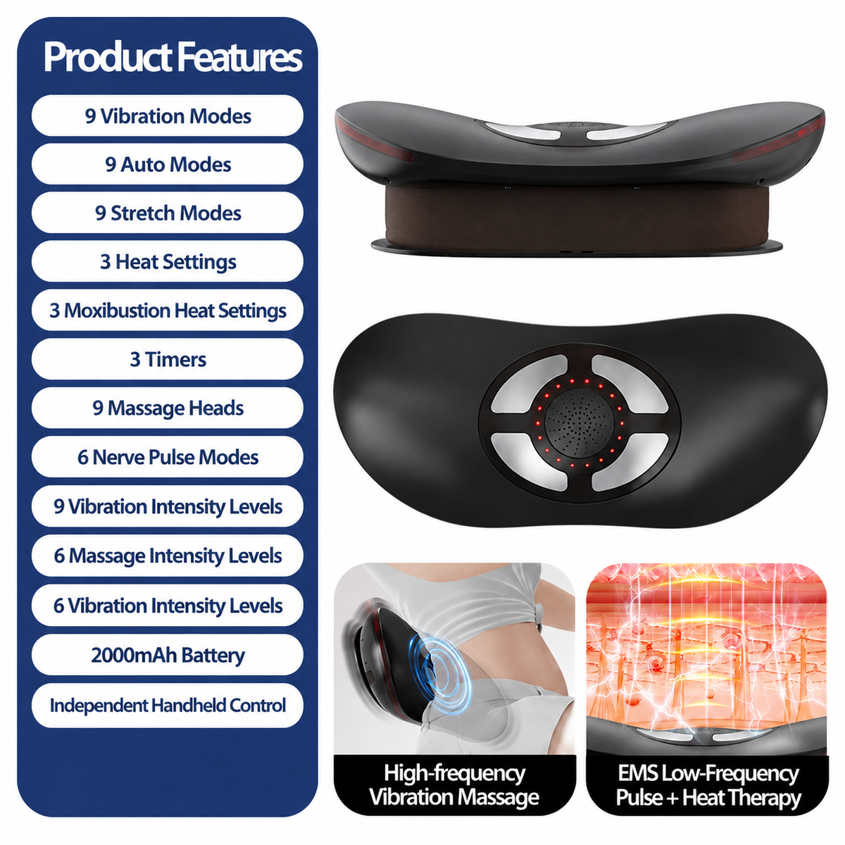 Smart EMS Lumbar Massager with Heat, Airbag Traction and Pulse Modes for Home Relaxation, Muscle Relief and Daily Back Comfort (Flagship Model)