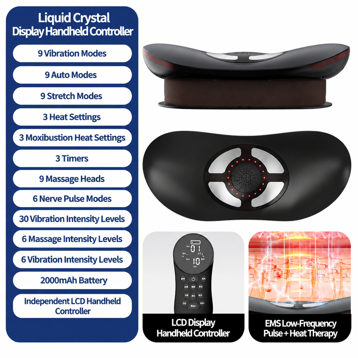 Smart EMS Lumbar Massager with Heat, Airbag Traction and Pulse Modes for Home Relaxation, Muscle Relief and Daily Back Comfort (LCD Hand Control Model)