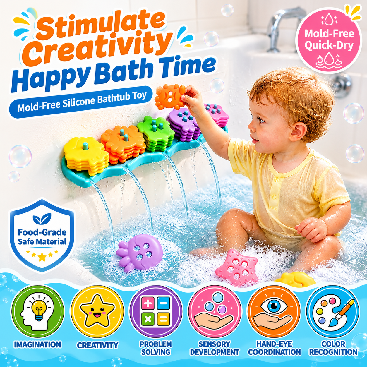 Turn bath time into an ocean adventure with this colorful silicone stacking toy set, featuring a suction cup wave base and five sea creature friends that little hands can grab, sort, and nest for endless splashing fun at home or on the go. (Blue)