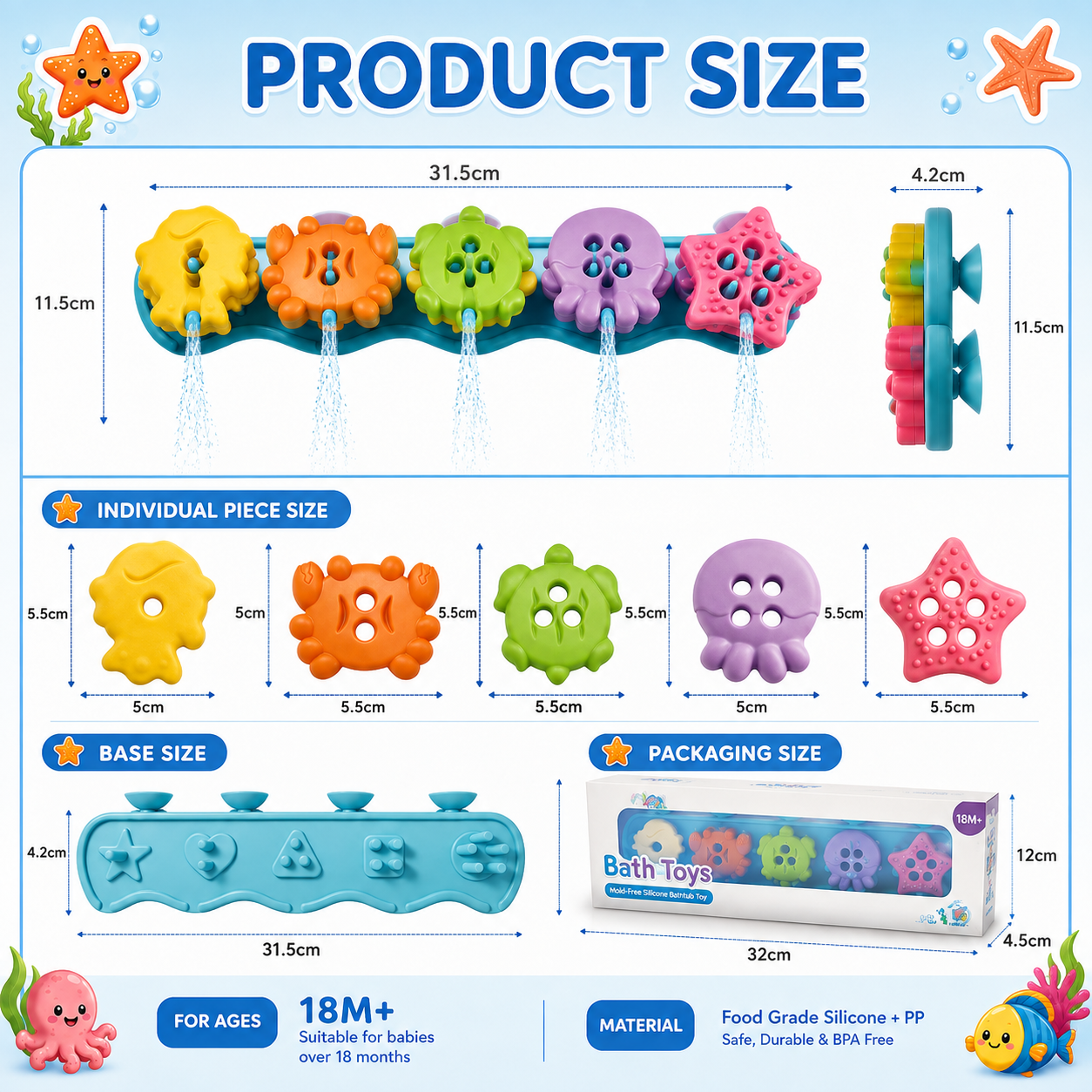 Turn bath time into an ocean adventure with this colorful silicone stacking toy set, featuring a suction cup wave base and five sea creature friends that little hands can grab, sort, and nest for endless splashing fun at home or on the go. (Blue)
