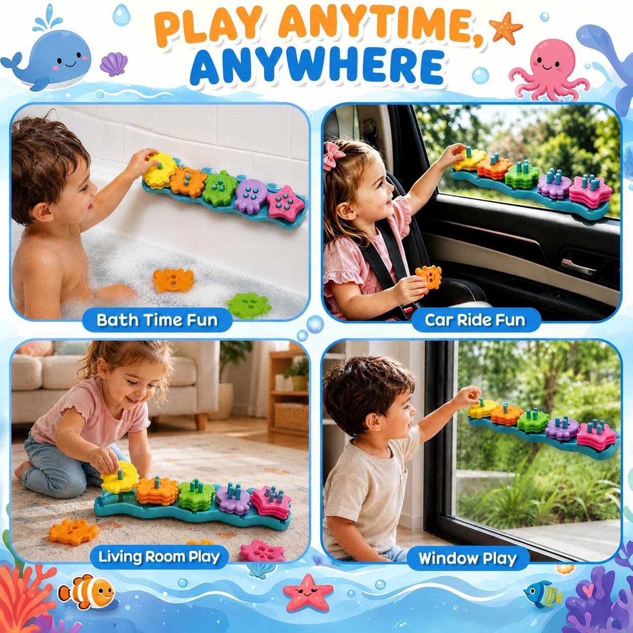 Turn bath time into an ocean adventure with this colorful silicone stacking toy set, featuring a suction cup wave base and five sea creature friends that little hands can grab, sort, and nest for endless splashing fun at home or on the go. (Blue)