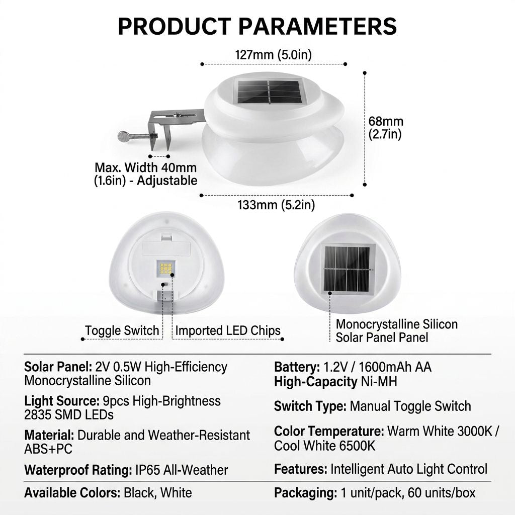 Solar Powered Fence Light with Durable ABS+PC Housing, Monocrystalline Silicon Panel, and Adjustable Mounting Clip for Outdoor Garden, Patio, Deck, and Walkway Illumination in Warm White or Cool White (4PCS, White Housing‑Warm White Light)