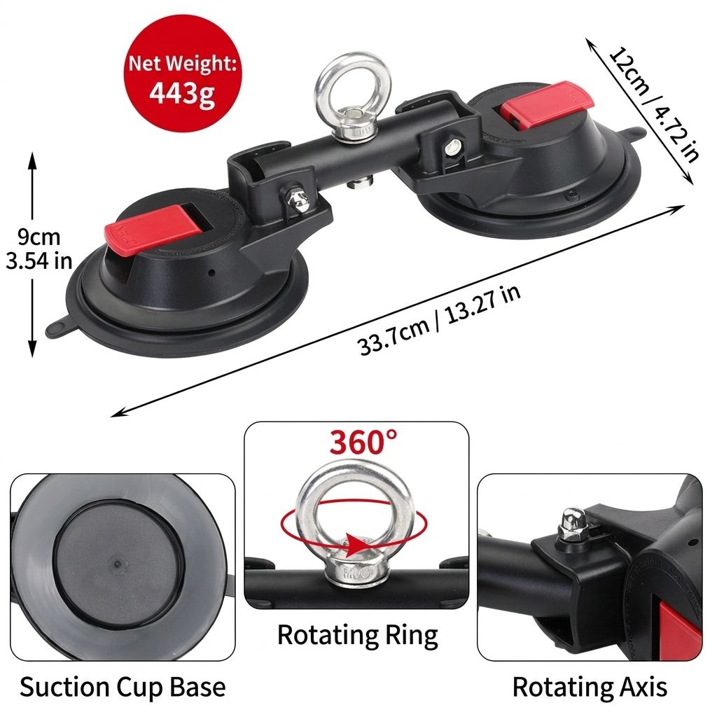 Heavy-Duty Suction Cup Anchor for Large Dogs, Dual 120mm Cups, Rotating Ring