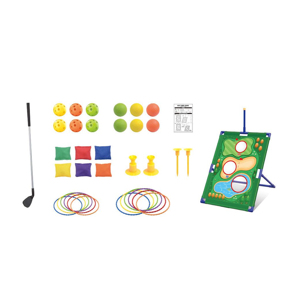 3-in-1 Kids Golf Putting & Tossing Game Set for Indoor/Outdoor Family Fun – Includes Stainless Steel Putter, Cloth Mat, Soft Balls, Beanbags, and Rings for Interactive Play (B)