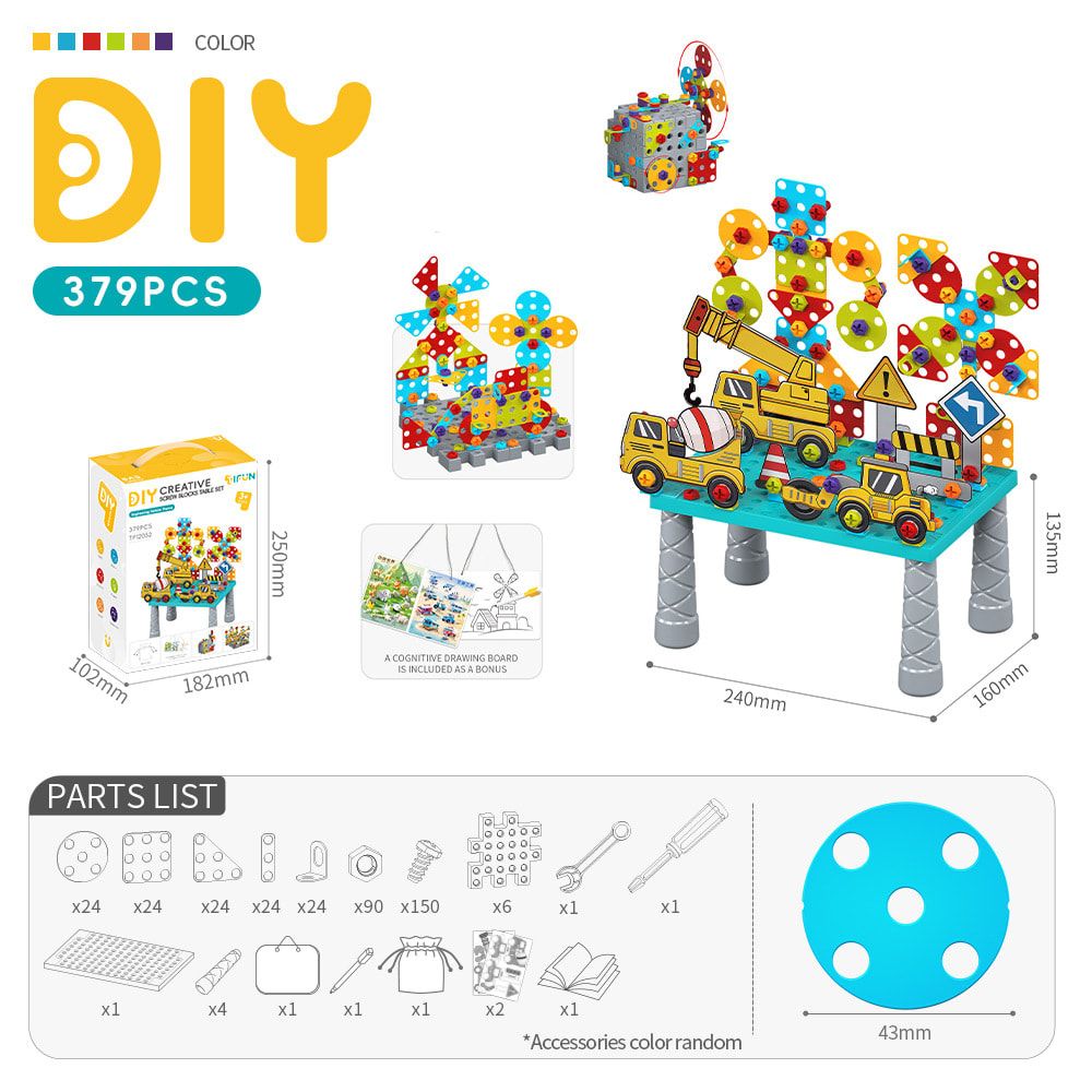 DIY Creative Screw Puzzle Building Block Table Set for Kids Ages 3+ – Educational STEM Toy with Colorful Plastic Pieces, Tools, and Bonus Drawing Board for Home Play and Skill Development (379PCS, Engineering)