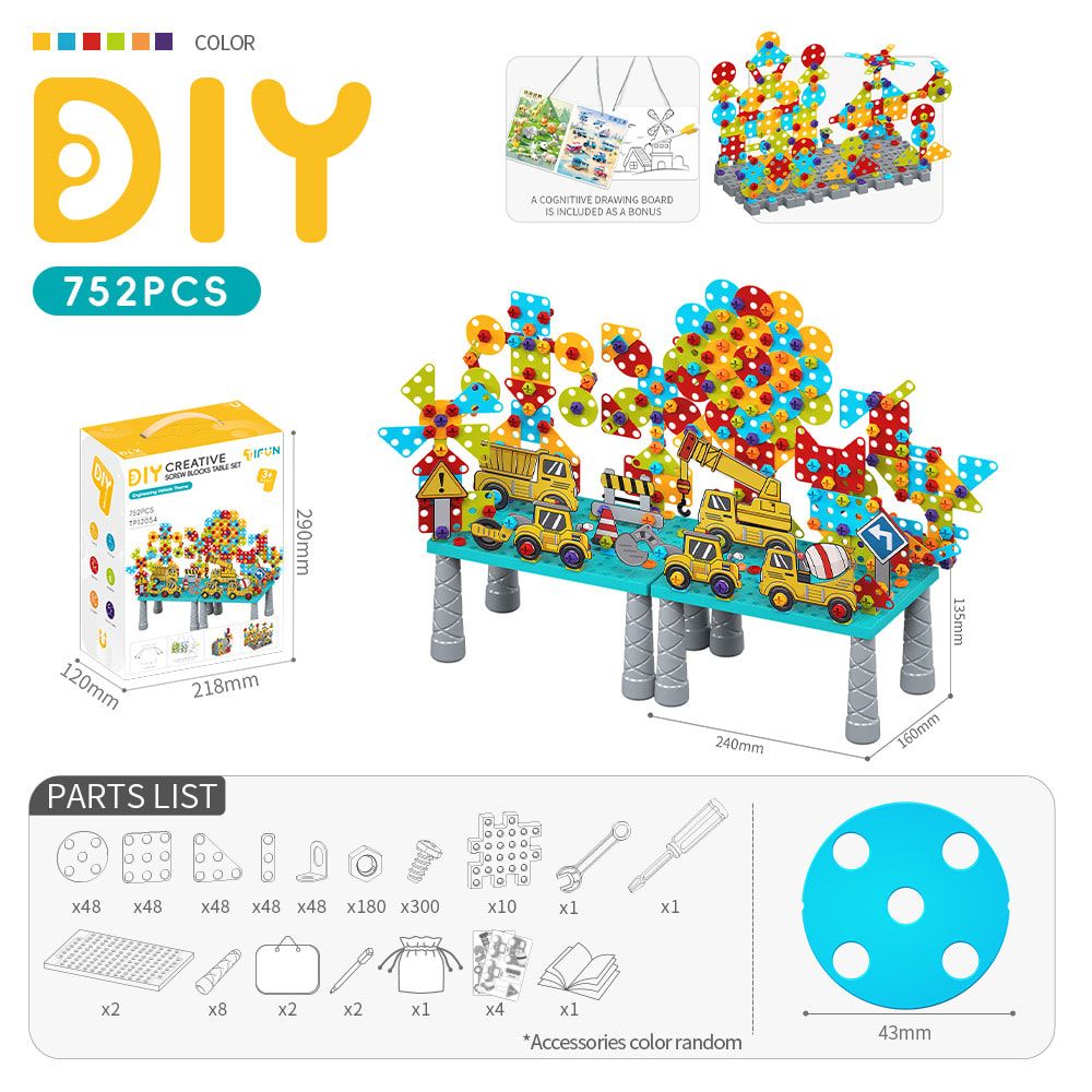 DIY Creative Screw Puzzle Building Block Table Set for Kids Ages 3+ – Educational STEM Toy with Colorful Plastic Pieces, Tools, and Bonus Drawing Board for Home Play and Skill Development (752PCS, Engineering)