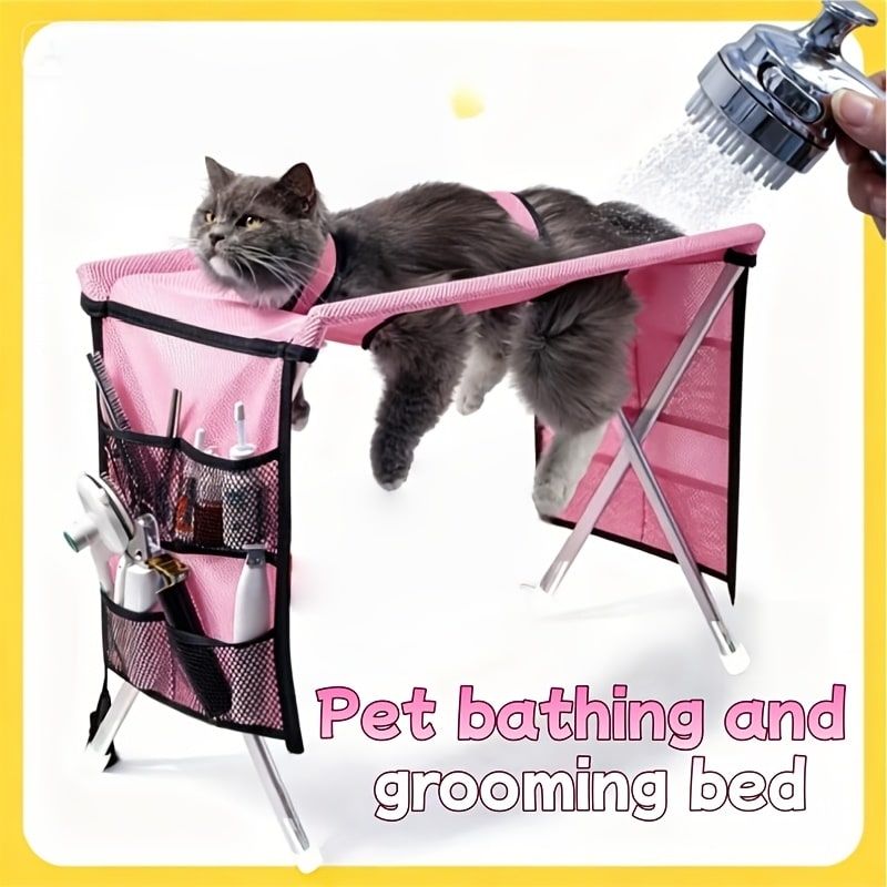 Foldable Pet Grooming Table for Cats and Small Dogs, Multi-functional Care Station with Mesh Bed, Storage Pockets, and Adjustable Restraint Straps for Nail Trimming, Hair Brushing, Bathing, and Ear Cleaning (Blue)