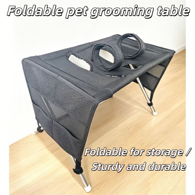 Foldable Pet Grooming Table for Cats and Small Dogs, Multi-functional Care Station with Mesh Bed, Storage Pockets, and Adjustable Restraint Straps for Nail Trimming, Hair Brushing, Bathing, and Ear Cleaning (Blue)