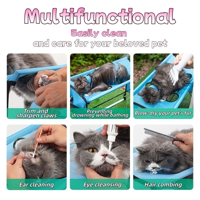 Foldable Pet Grooming Table for Cats and Small Dogs, Multi-functional Care Station with Mesh Bed, Storage Pockets, and Adjustable Restraint Straps for Nail Trimming, Hair Brushing, Bathing, and Ear Cleaning (Blue)