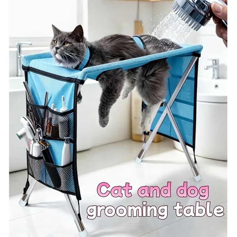 Foldable Pet Grooming Table for Cats & Small Dogs, Pink Mesh Bed, 60x30x40cm