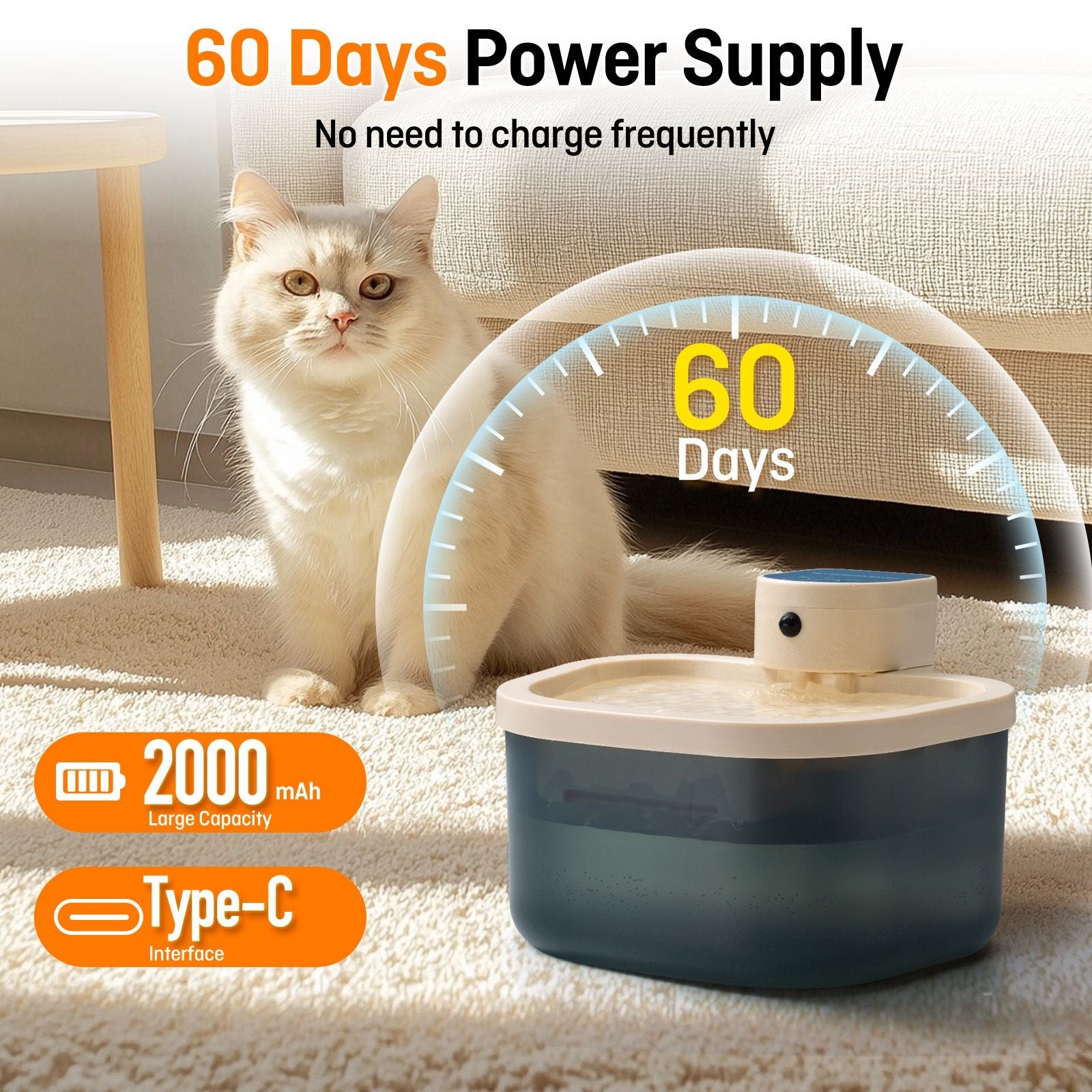 Smart Wireless Pet Water Fountain with Deep Blue Translucent Reservoir and Quiet Flowing Filter System for Cats and Small Dogs, Cordless Indoor Use, Easy Clean Rounded Square Design (Transparent)