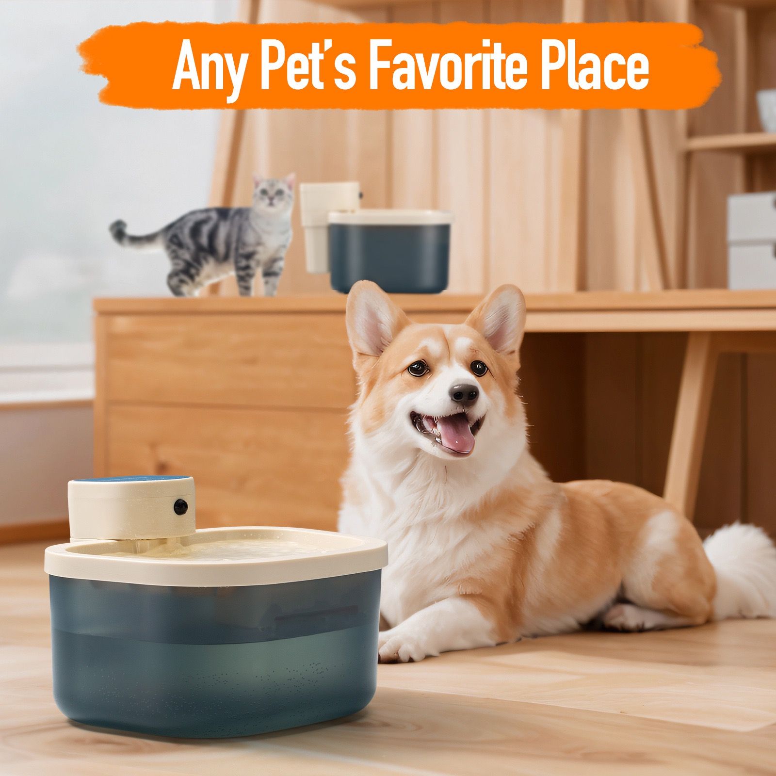 Smart Wireless Pet Water Fountain with Deep Blue Translucent Reservoir and Quiet Flowing Filter System for Cats and Small Dogs, Cordless Indoor Use, Easy Clean Rounded Square Design (Transparent)