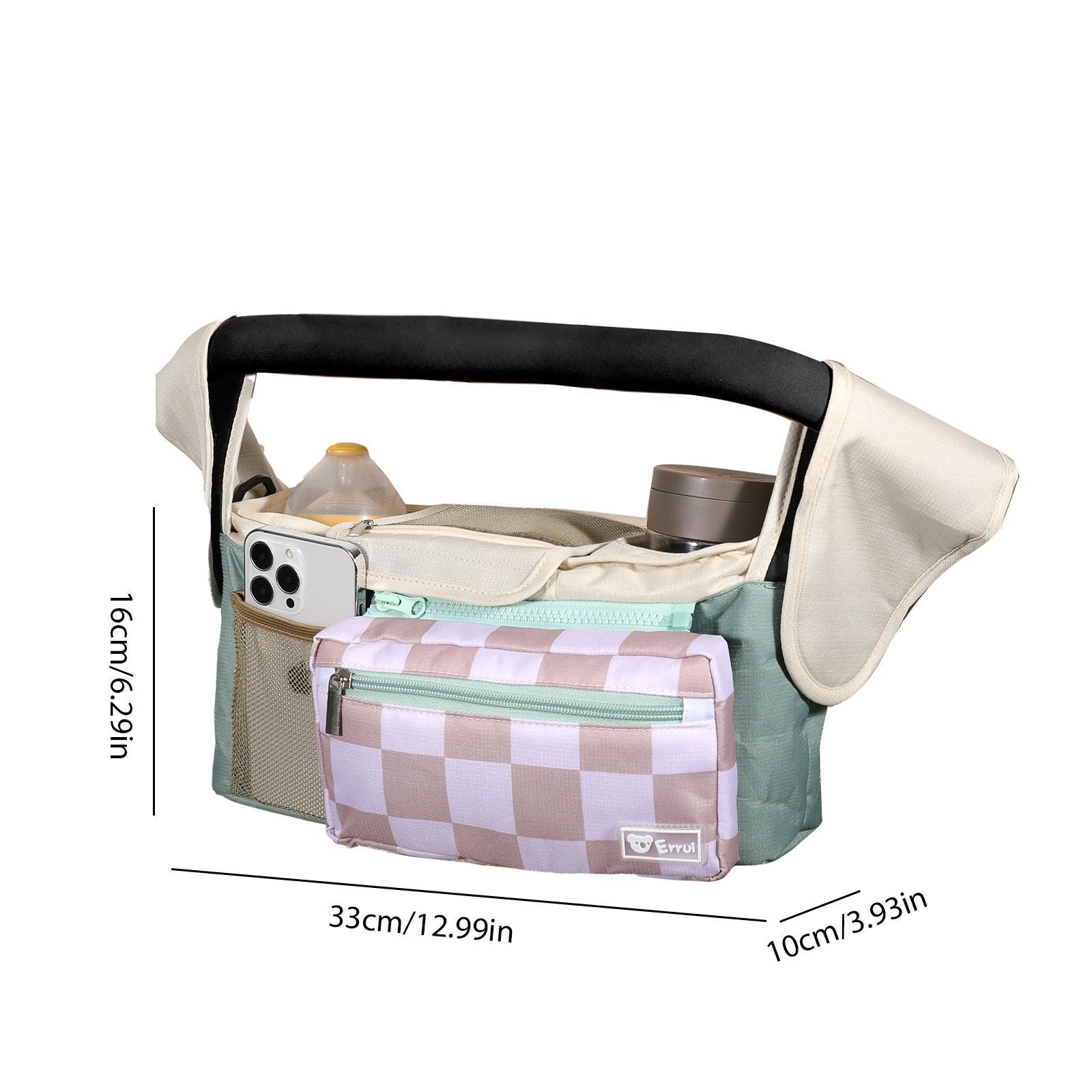 Multifunctional Stroller Organizer Bag – Universal Hanging Storage Pouch with Insulated Bottle Holder, Detachable Pouch, and Adjustable Straps, Doubles as a Crossbody Diaper Bag for On-the-Go Convenience (Green Sloth)