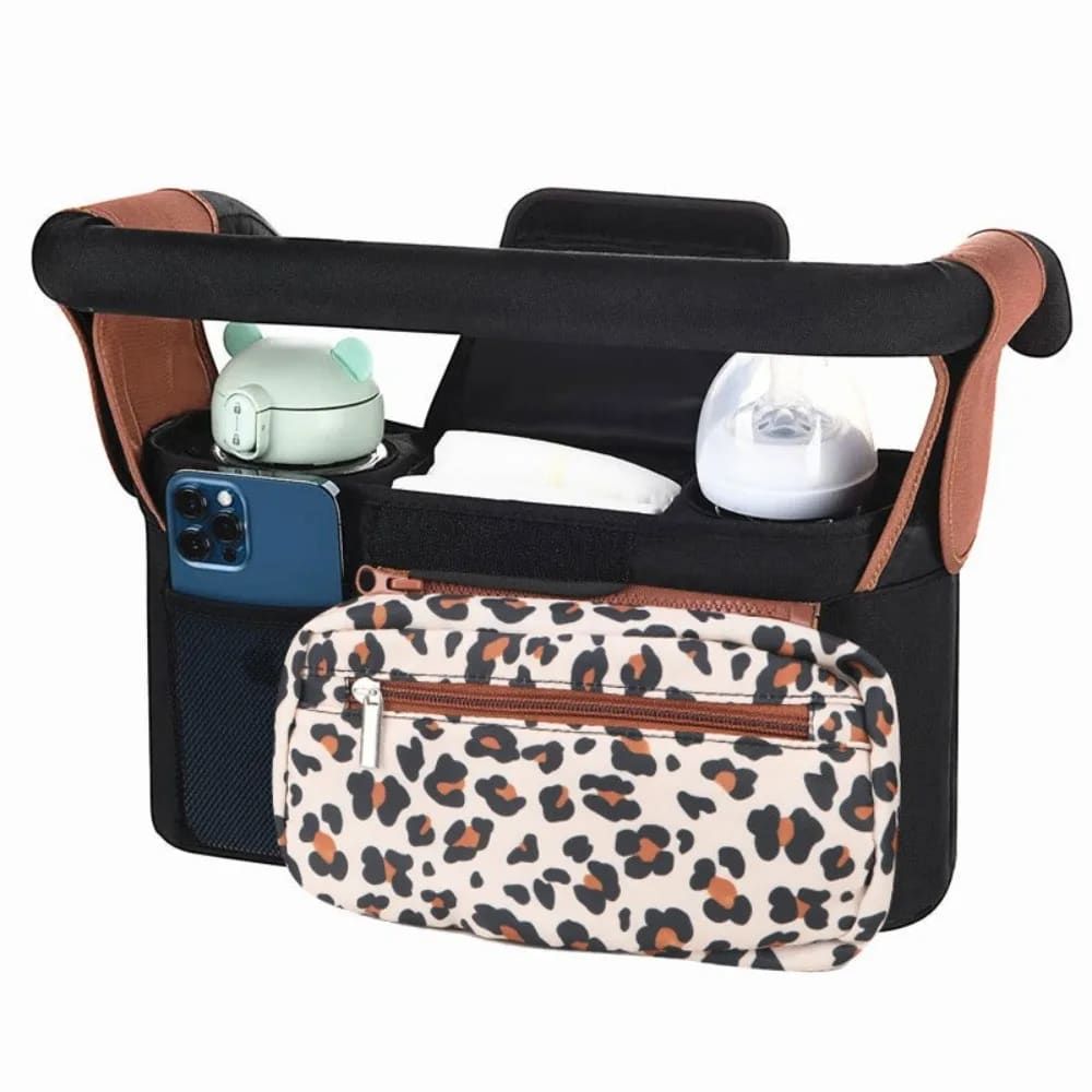 Multifunctional Stroller Organizer Bag – Universal Hanging Storage Pouch with Insulated Bottle Holder, Detachable Pouch, and Adjustable Straps, Doubles as a Crossbody Diaper Bag for On-the-Go Convenience (Leopard)