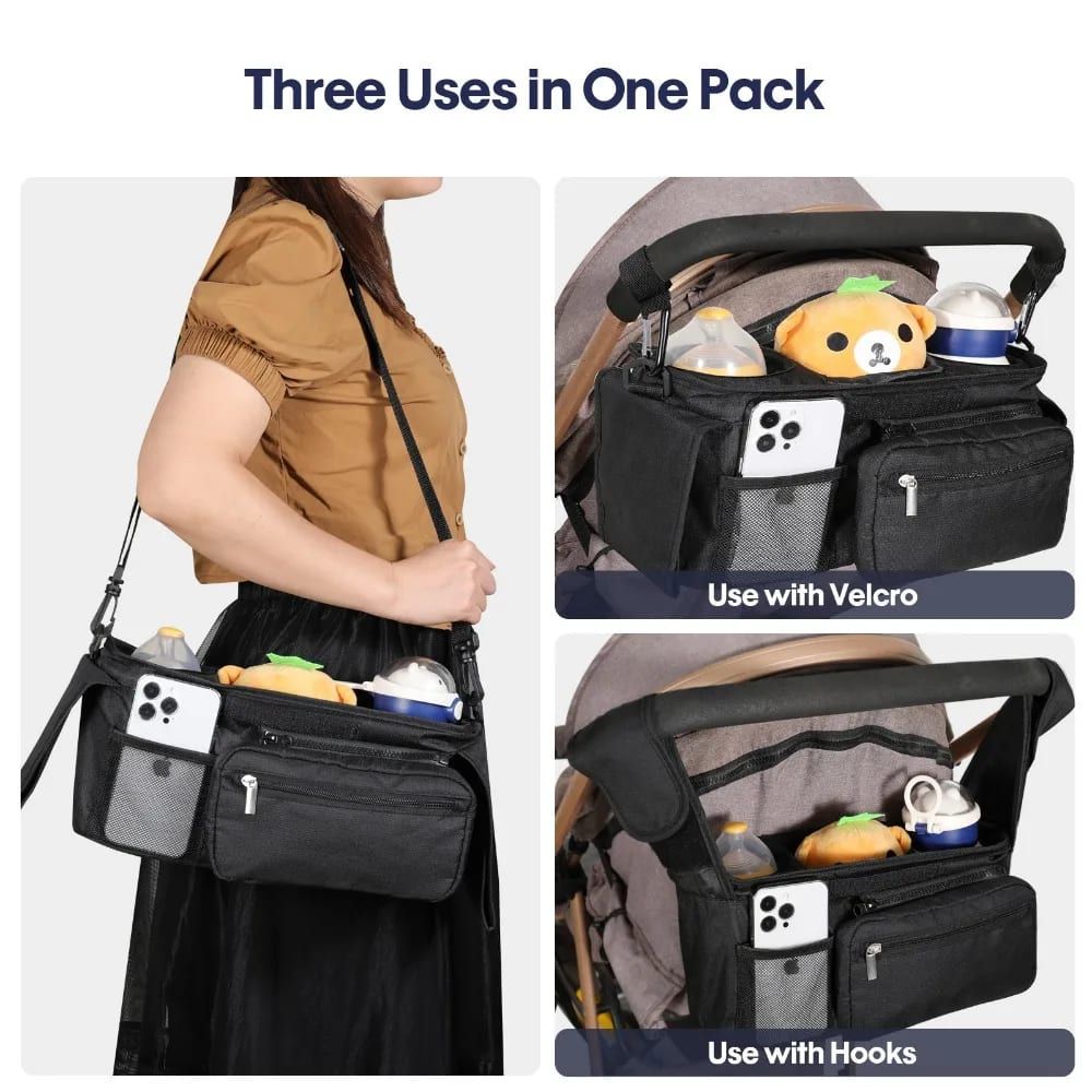 Multifunctional Stroller Organizer Bag – Universal Hanging Storage Pouch with Insulated Bottle Holder, Detachable Pouch, and Adjustable Straps, Doubles as a Crossbody Diaper Bag for On-the-Go Convenience (Tropical Leaf)