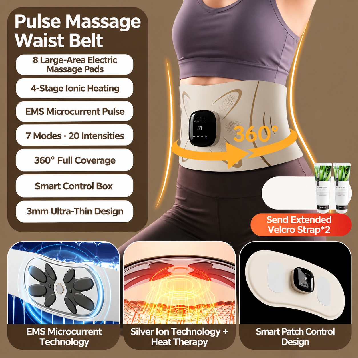 EMS Microcurrent Pulse Waist Massage Belt with Graphene Heating & Lumbar Support, Foldable & Washable for Home, Office & Fitness Relaxation (Pulse belt (Free extension strap + 2 gels))