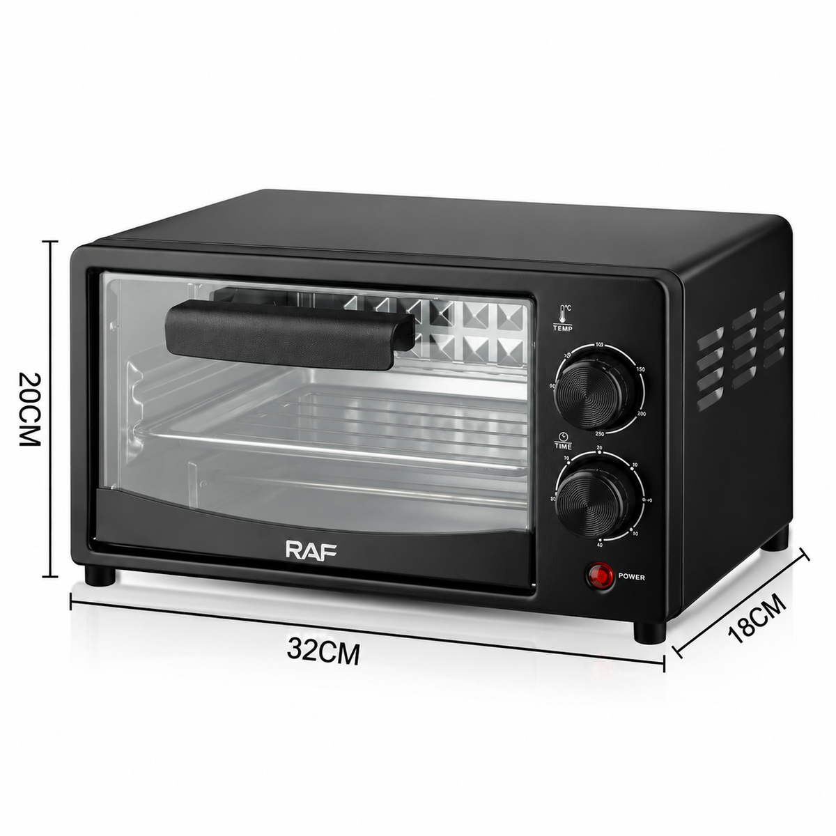 Compact 7L Countertop Electric Oven with Adjustable Temperature and Timer, Metal Housing, Visible Glass Door, Perfect for Toasting Bread and Roasting Small Meals at Home (Black)