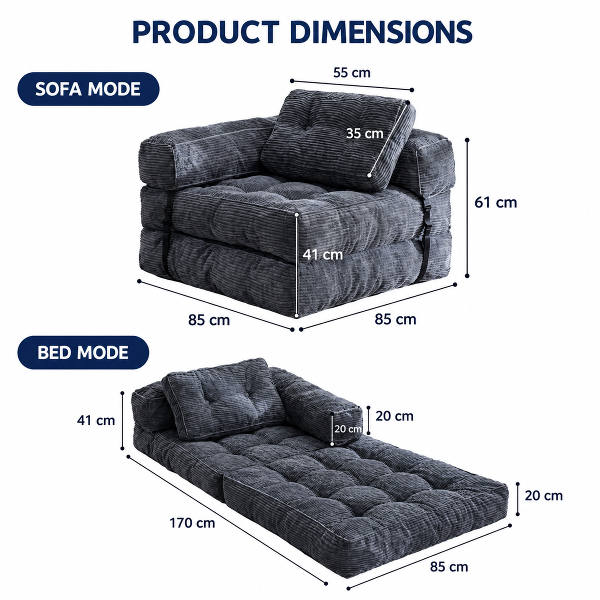Foldable Corduroy Sofa Bed with Tufted Buttons and Side Buckle Straps, Convertible Lounger for Reading, Gaming, Napping and Relaxing in Living Rooms (DarkGrey)