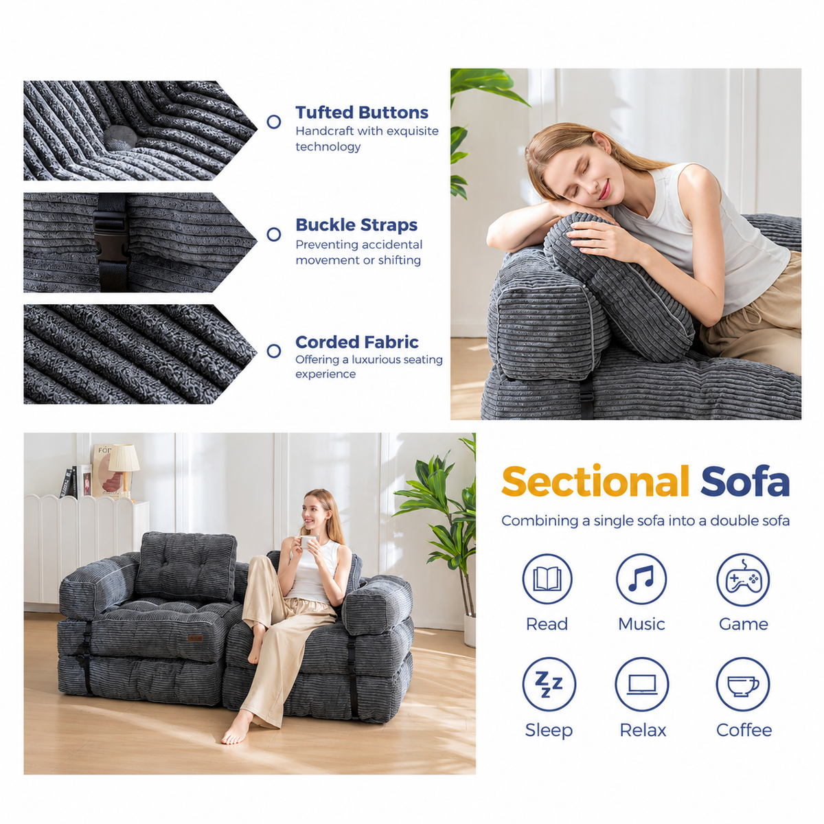 Foldable Corduroy Sofa Bed with Tufted Buttons and Side Buckle Straps, Convertible Lounger for Reading, Gaming, Napping and Relaxing in Living Rooms (DarkGrey)