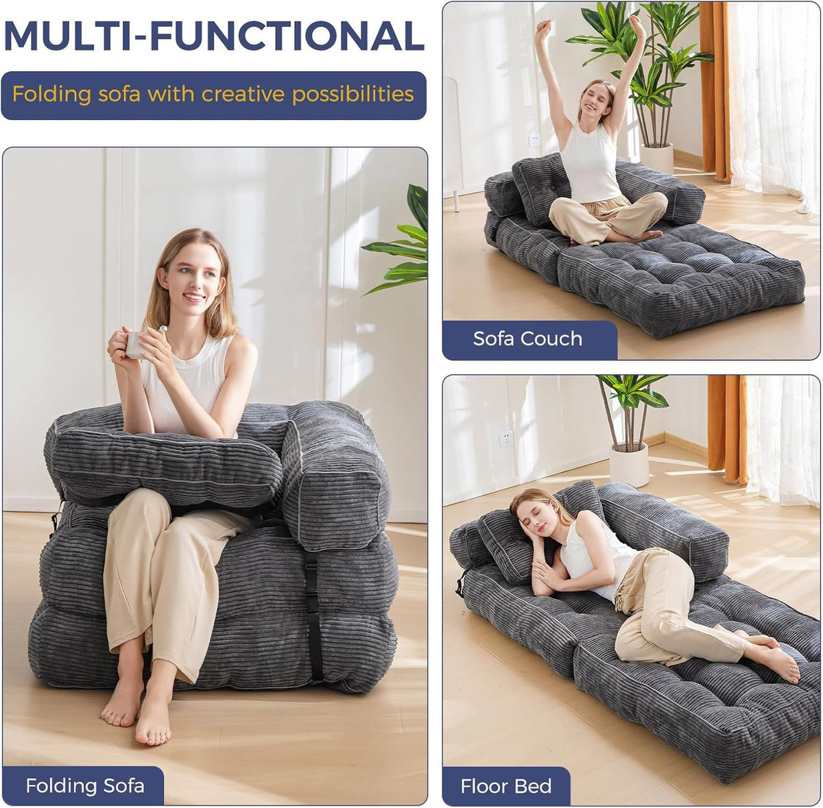 Foldable Corduroy Sofa Bed with Tufted Buttons and Side Buckle Straps, Convertible Lounger for Reading, Gaming, Napping and Relaxing in Living Rooms (DarkGrey)
