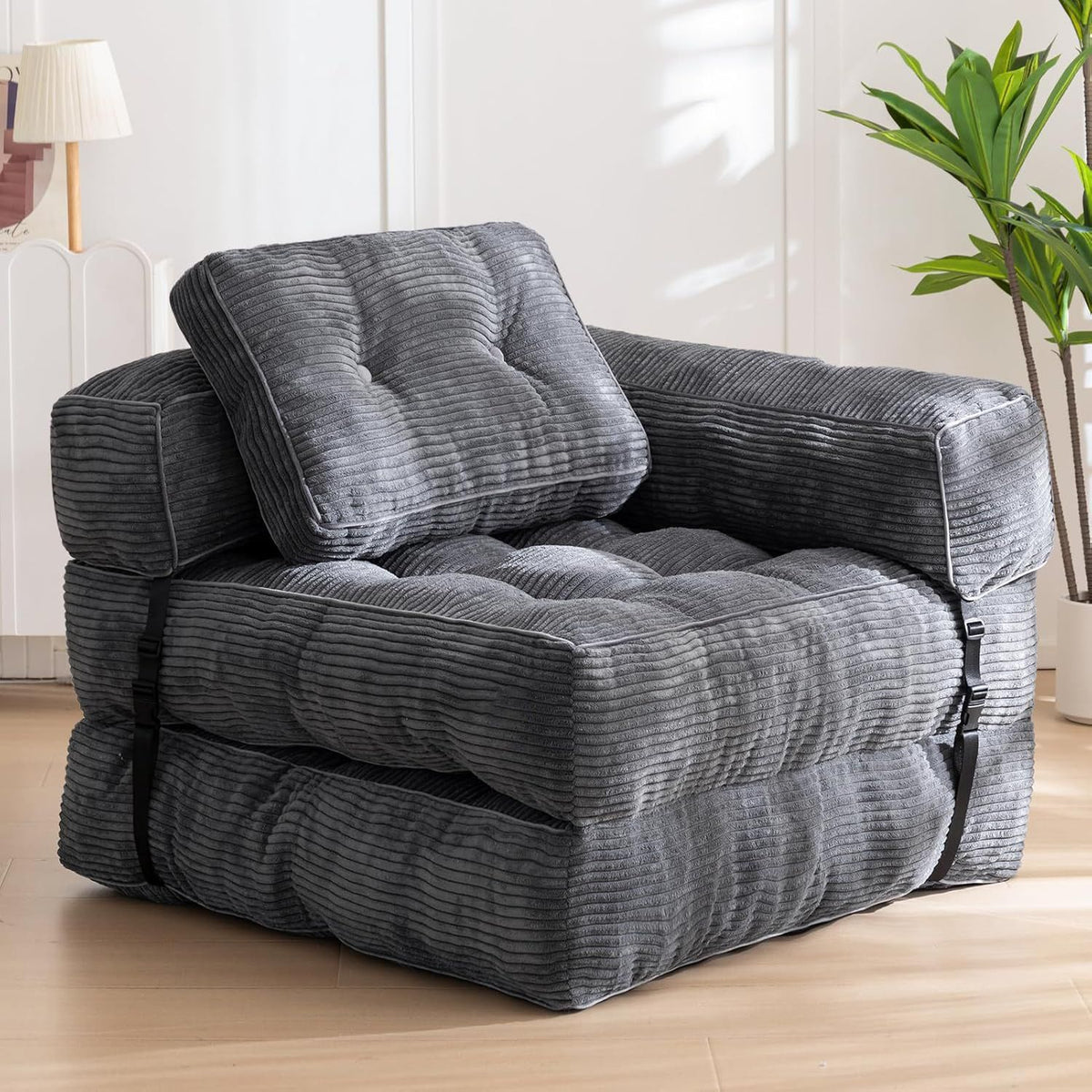 Foldable Corduroy Sofa Bed with Tufted Buttons and Side Buckle Straps, Convertible Lounger for Reading, Gaming, Napping and Relaxing in Living Rooms (DarkGrey)