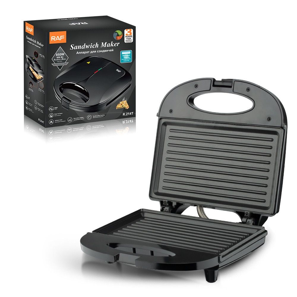 Compact 850W Dual-Sided Sandwich Maker with Non-Stick Striated Plates, Portable Snap-Lock Handle, Effortless Cleanup for Quick Homemade Breakfasts, Snacks, and Light Meals (Black)