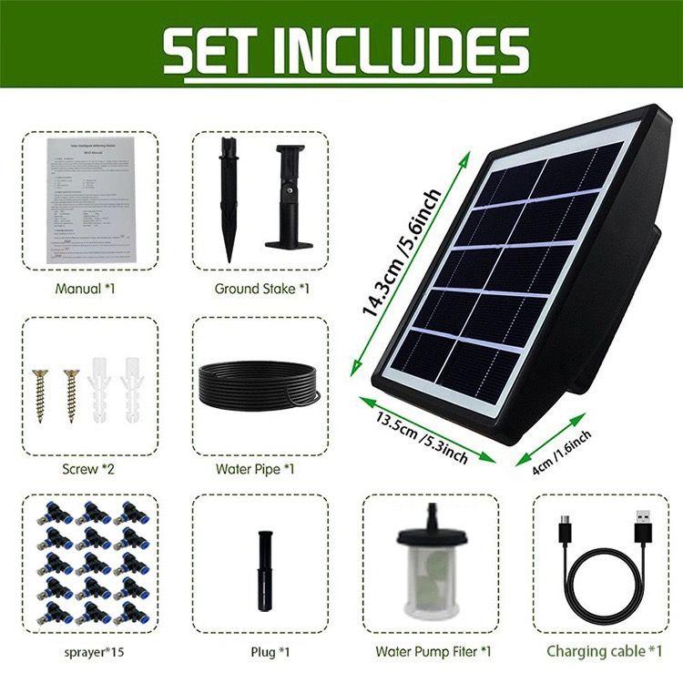 Solar-Powered Misting Irrigation Kit, Smart Timer, 10m Hose, 10 Nozzles