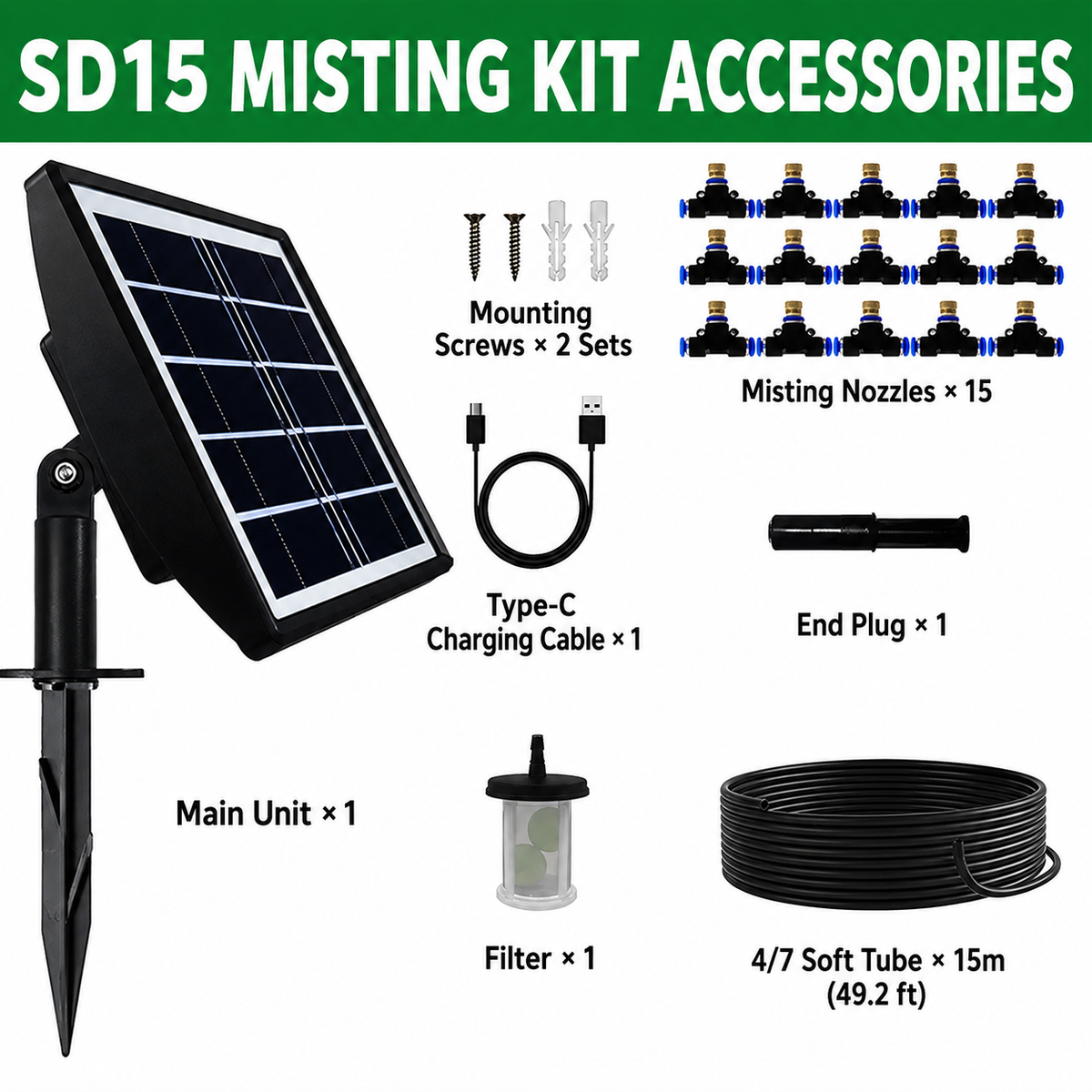 Solar-Powered Misting Irrigation Kit, Smart Timer, 10m Hose, 10 Nozzles