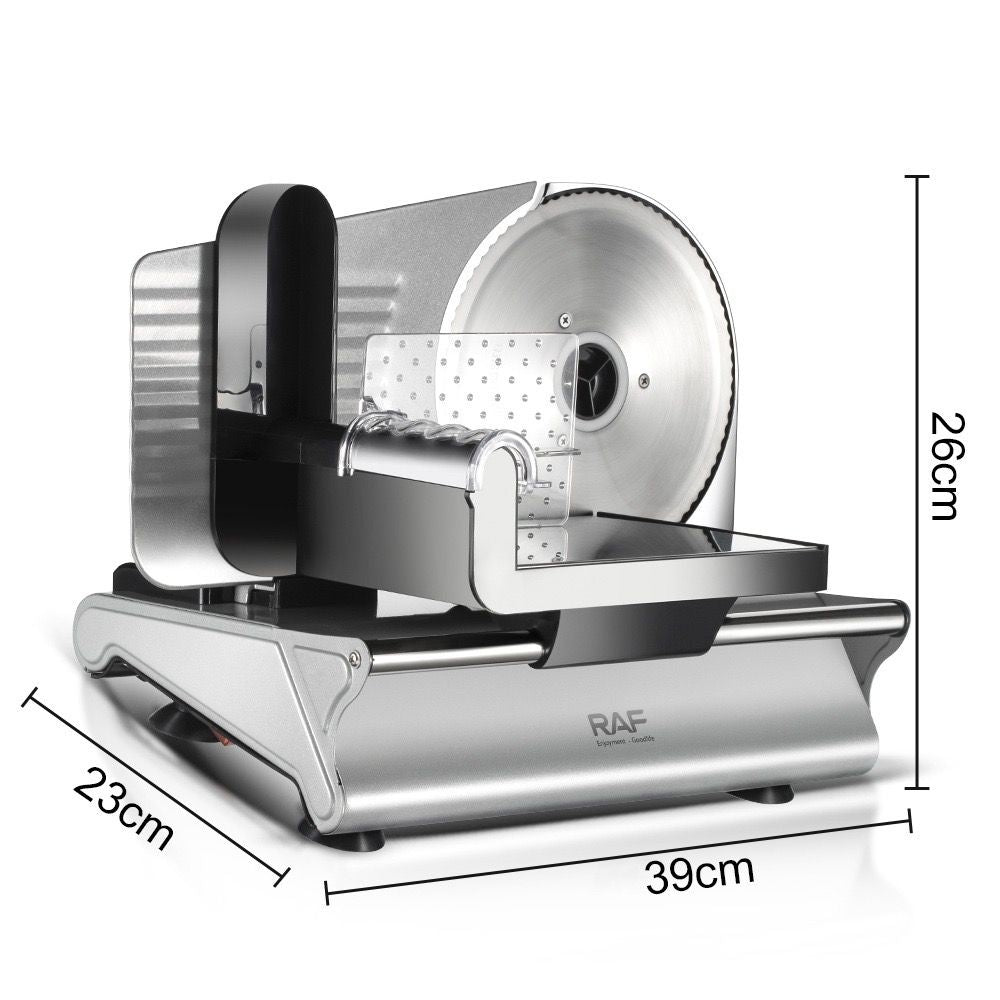 Electric Food Slicer with 190mm Stainless Steel Blade, Adjustable Thickness 0-15mm, Easy-Clean Detachable Design for Home Kitchen and Small Deli Use, Compact 200W Power for Meat, Bread, and Vegetables (Silver)