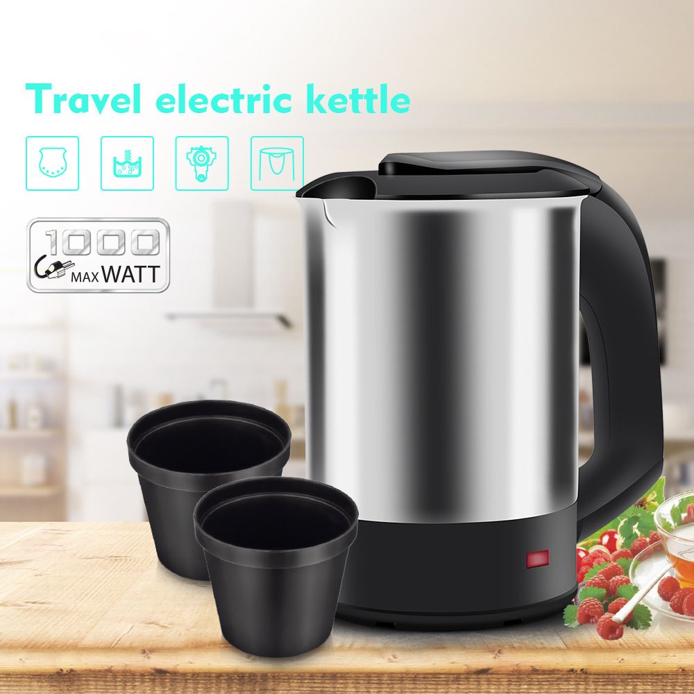 Portable Mini Electric Kettle Set with Two Matching Cups, 500ml Stainless Steel Travel Water Boiler for Home Office and On-the-Go Hot Beverages (Silver)