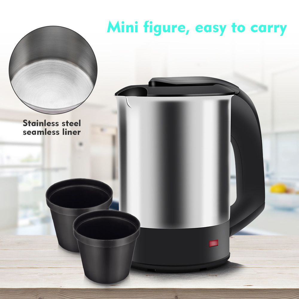 Portable Mini Electric Kettle Set with Two Matching Cups, 500ml Stainless Steel Travel Water Boiler for Home Office and On-the-Go Hot Beverages (Silver)