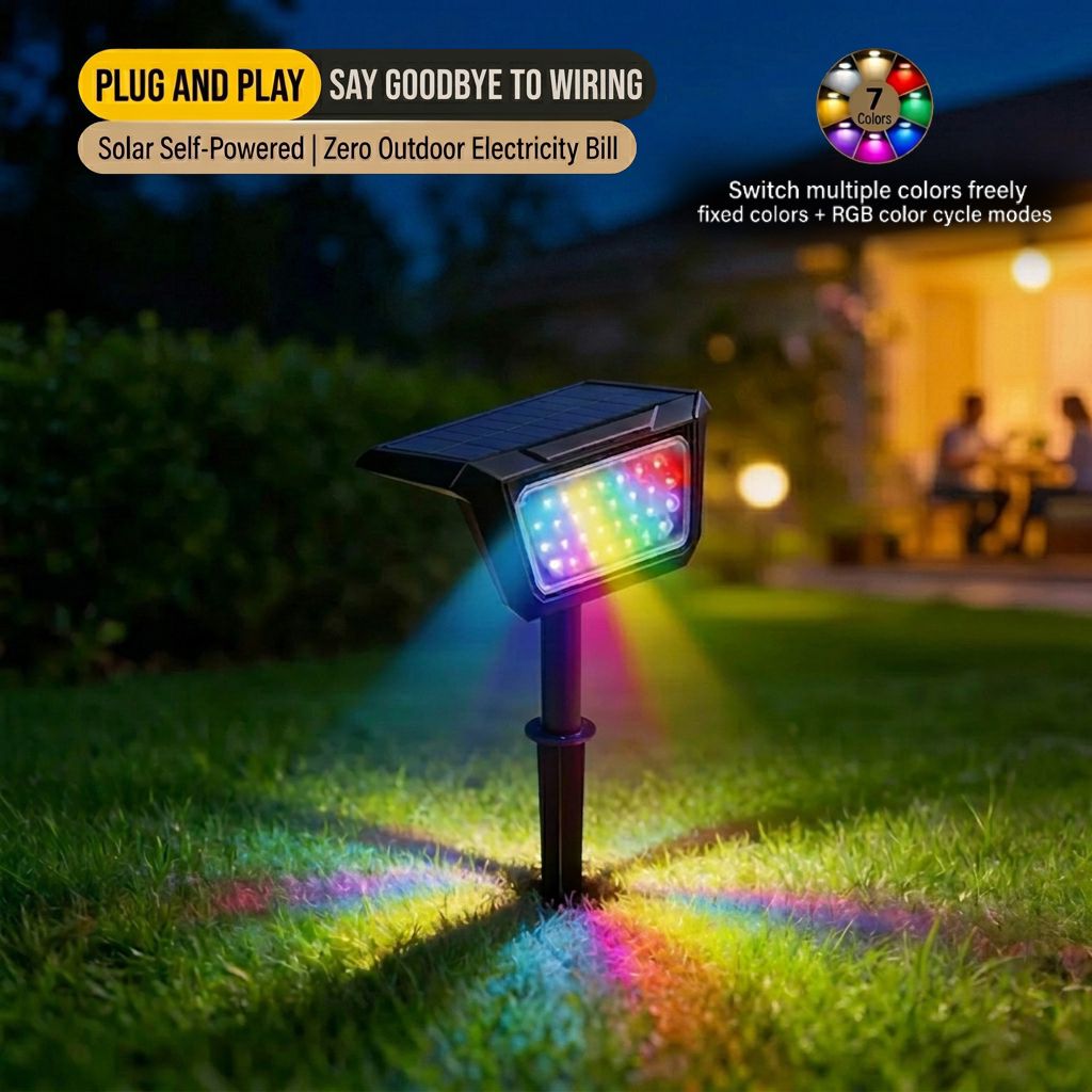 Solar RGB Landscape Spotlights 3-Pack, 7 Fixed Colors Plus Cycling Mode, IP65