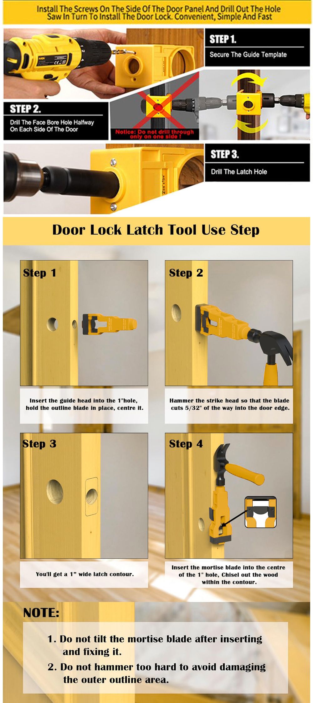 Door Lock and Latch Installation Tool Kit with Hole Saw, Mortise Template and Chisel Guide for Wooden Door Hardware Fitting and Precise Drilling Alignment (Blue)