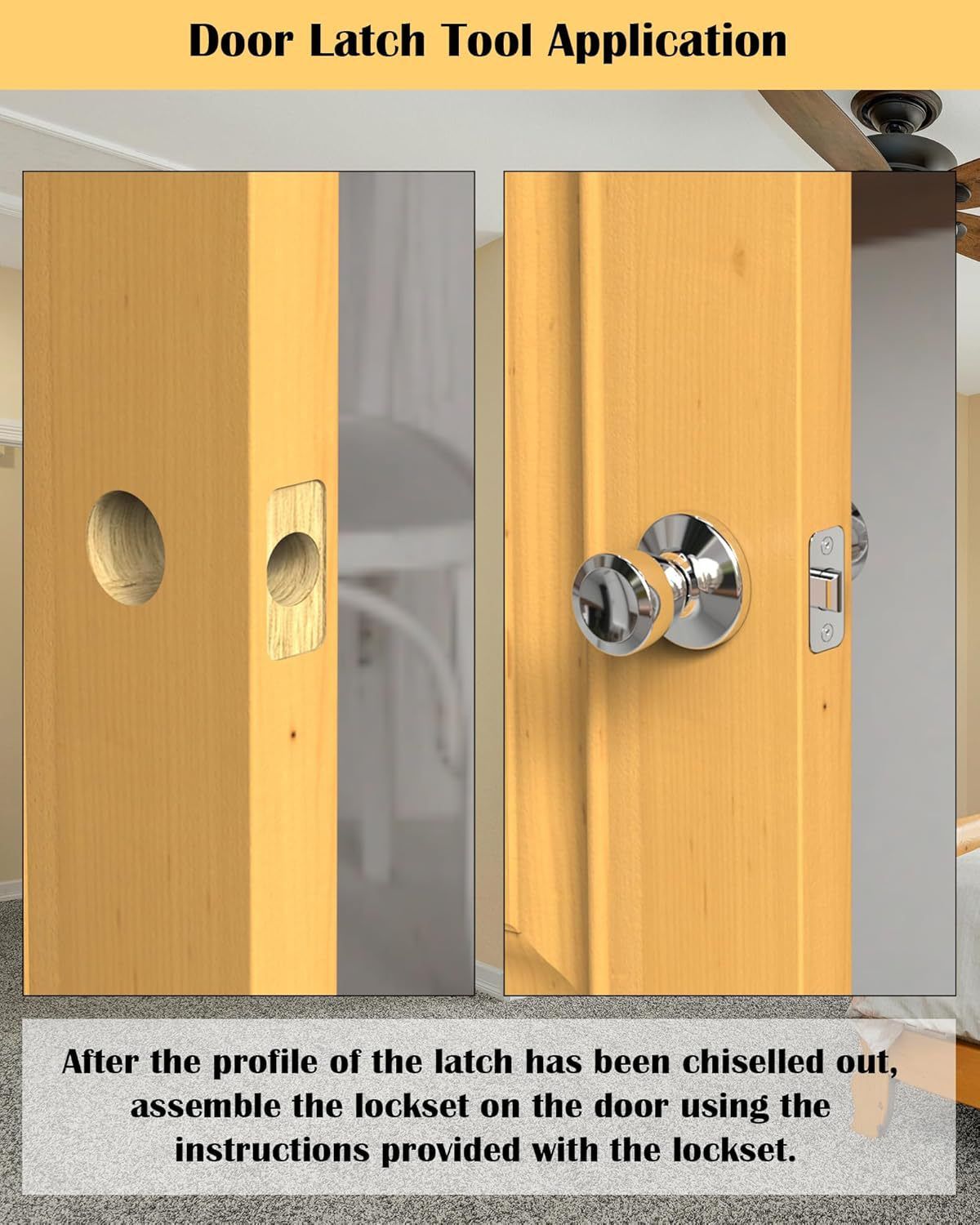 Door Lock and Latch Installation Tool Kit with Hole Saw, Mortise Template and Chisel Guide for Wooden Door Hardware Fitting and Precise Drilling Alignment (Yellow)