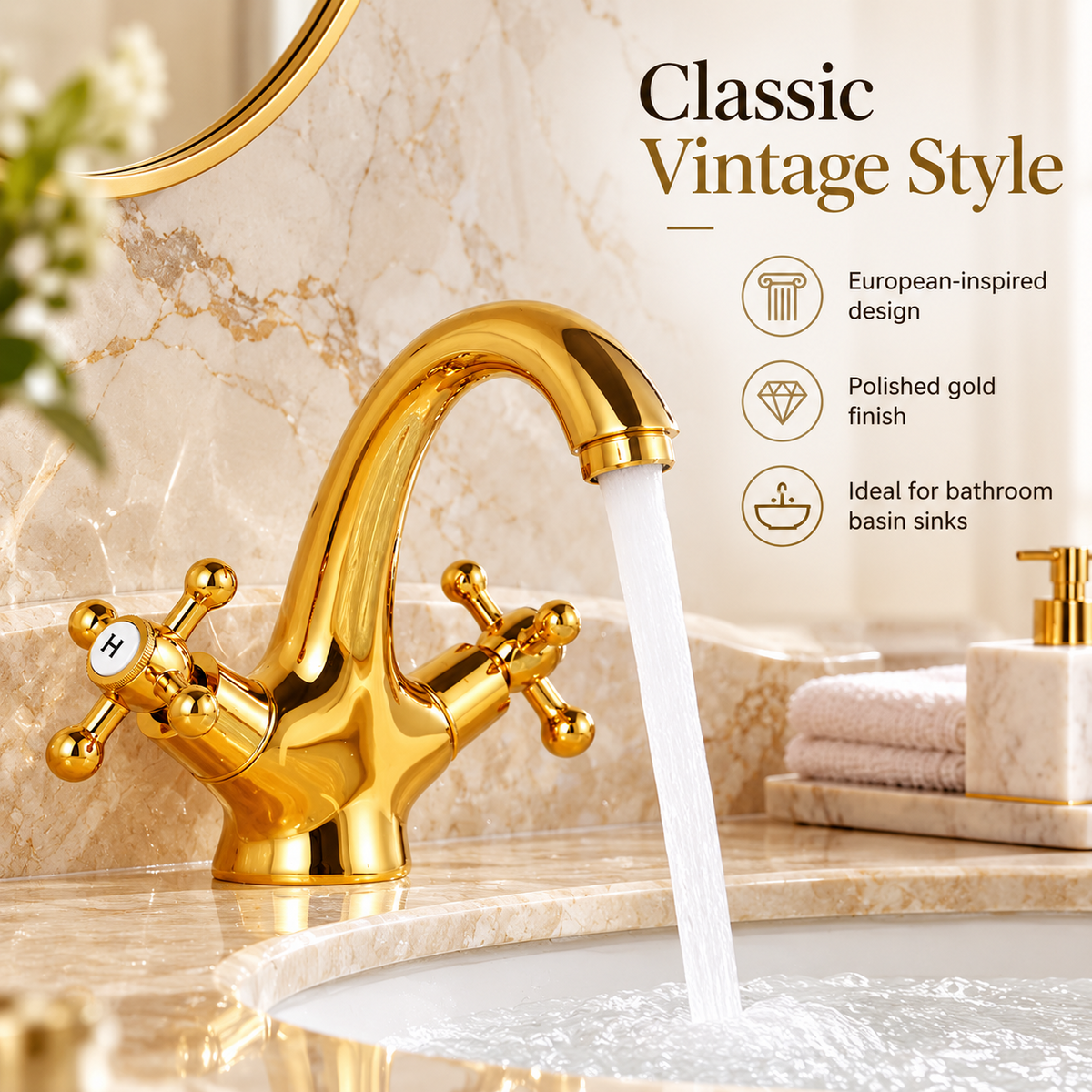 Vintage Gold Basin Mixer Tap Solid Brass Hot & Cold Bathroom Faucet with Cross Handles