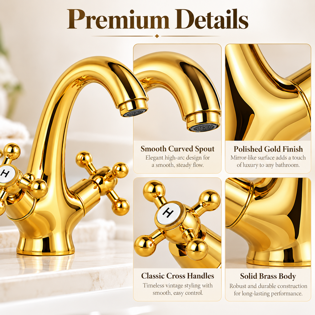 Vintage Gold Basin Mixer Tap Solid Brass Hot & Cold Bathroom Faucet with Cross Handles