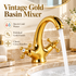 Vintage Gold Basin Mixer Tap Solid Brass Hot & Cold Bathroom Faucet with Cross Handles