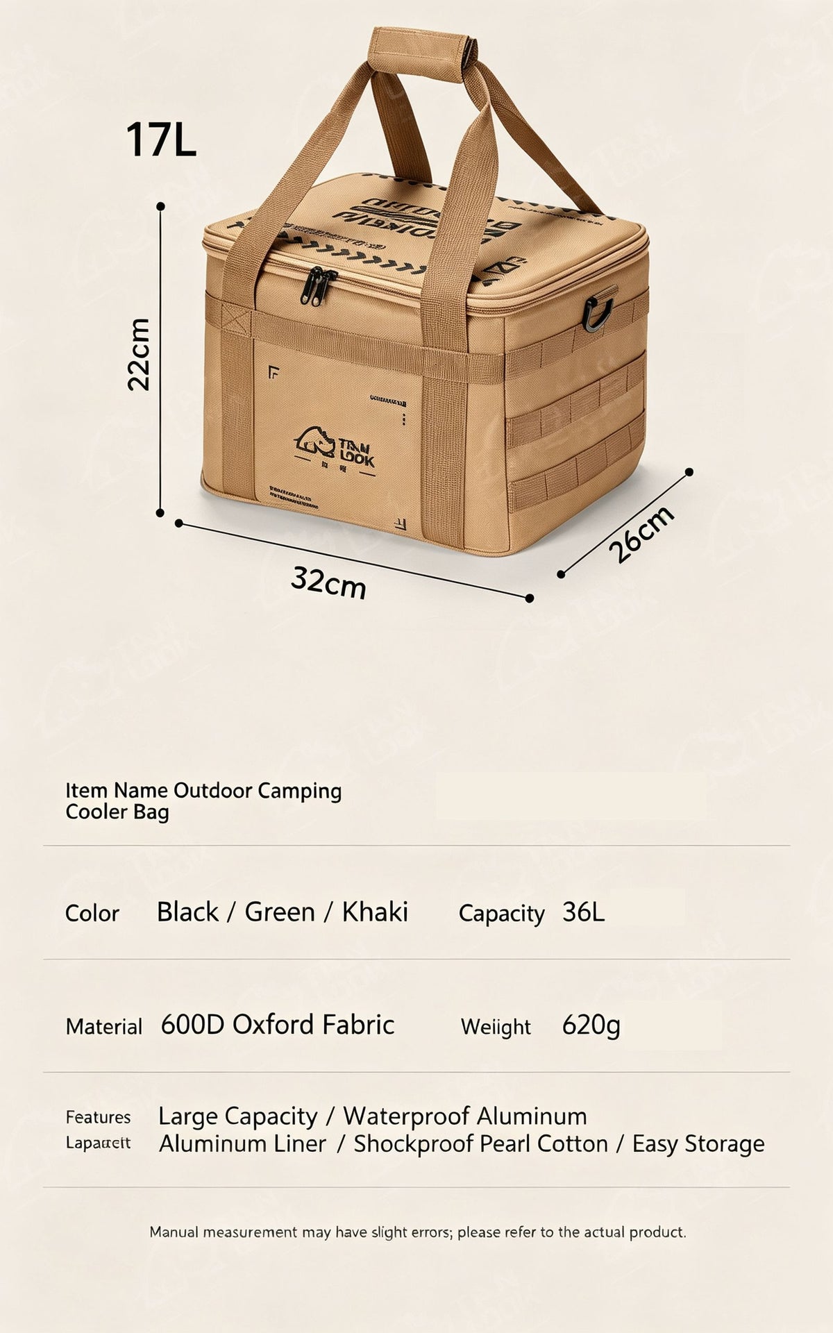 Outdoor large capacity waterproof camping insulation picnic bag 36L,Military green