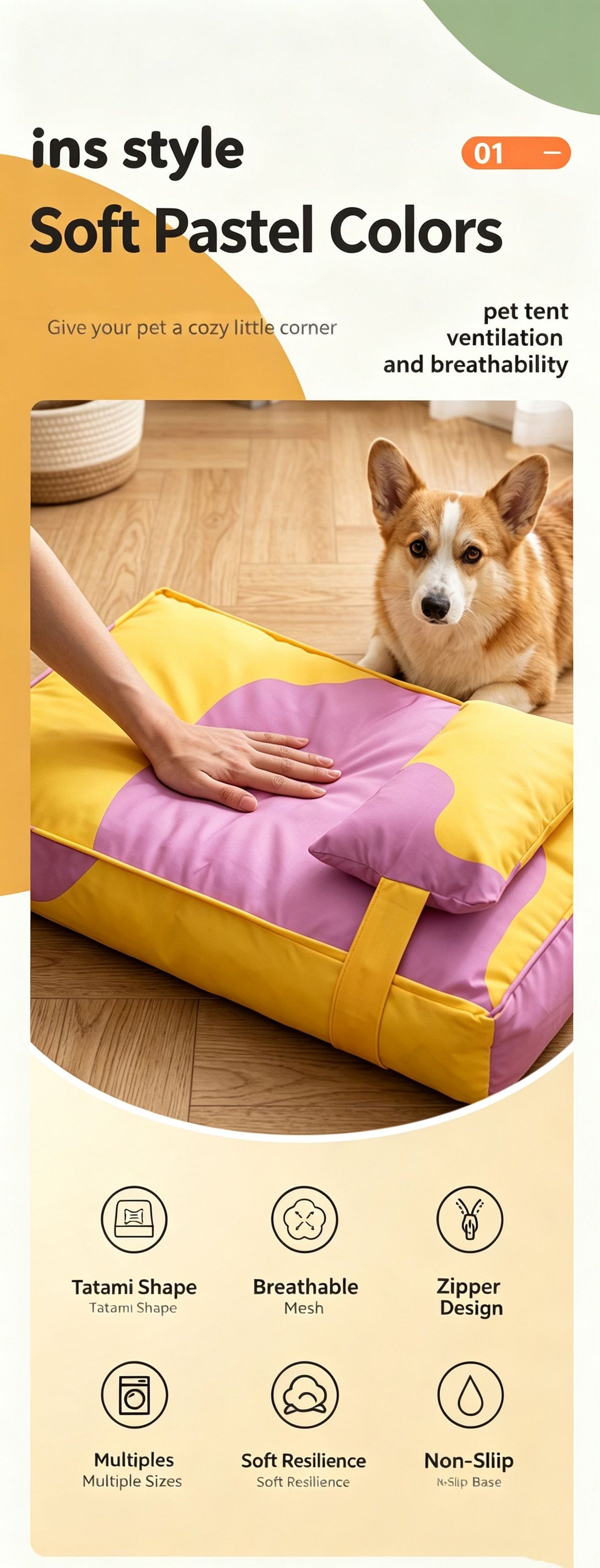 Three piece set of four season warm pet tatami pillows,Large Purple Yellow