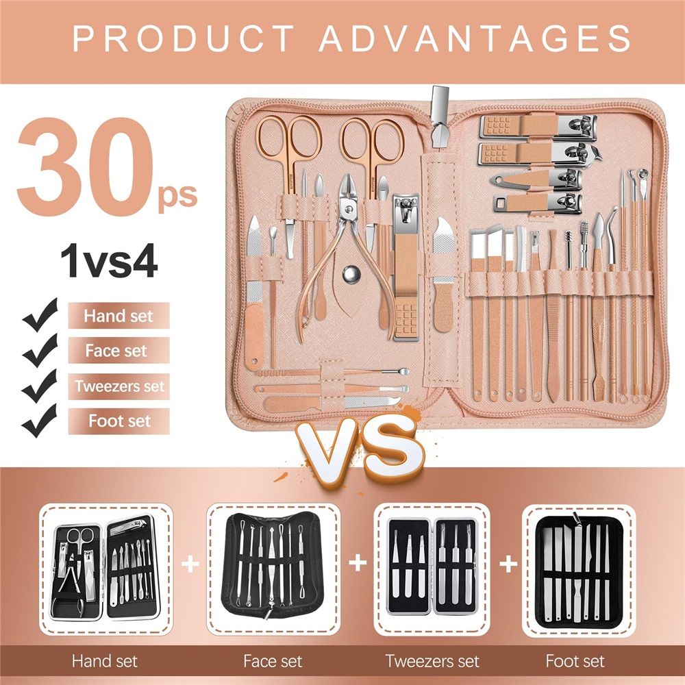 30-Piece Professional Manicure Set，Features Stainless Steel Tools, Carbon Steel Clippers & Travel Case for Women's Home and Travel Grooming，Luxury Nail Care Gift for Her(rose gold)